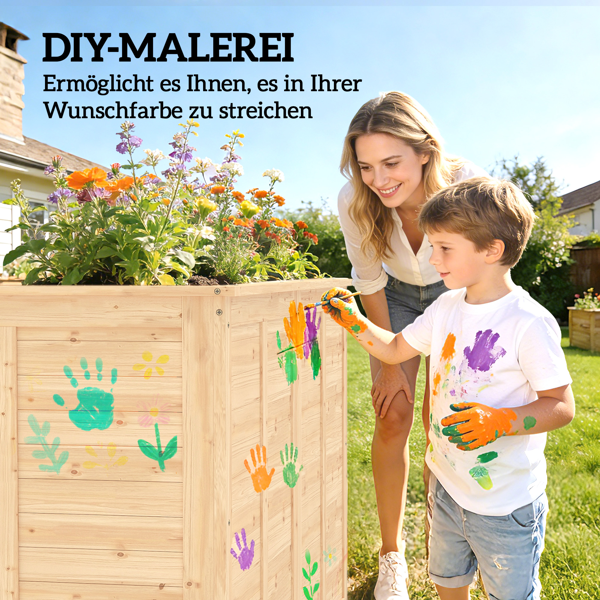 Hochbeet Holz 152 x 77 x 77 cm erhöhtes Tief Kräuterbeet mit Offenem Boden Verstärkungsstangen