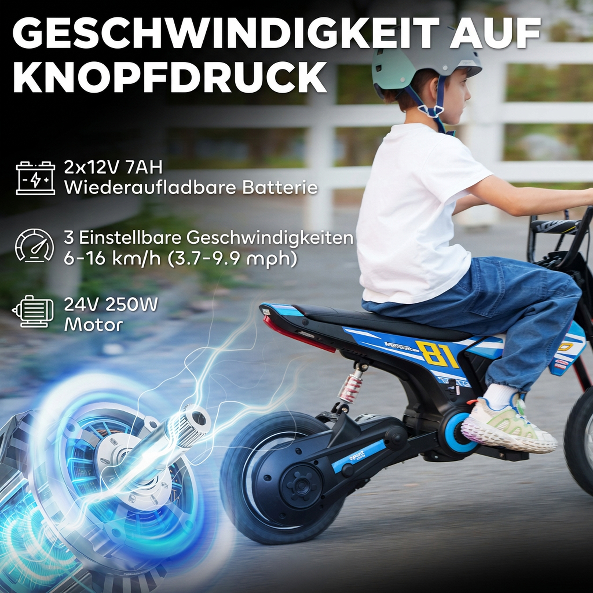 Elektro Motorrad Kinder 24 V Kinder Motocross mit 250W Motor 7Ah Akku Hinterradfederung Scheibenbremse 16km/h 8–12 Jahre