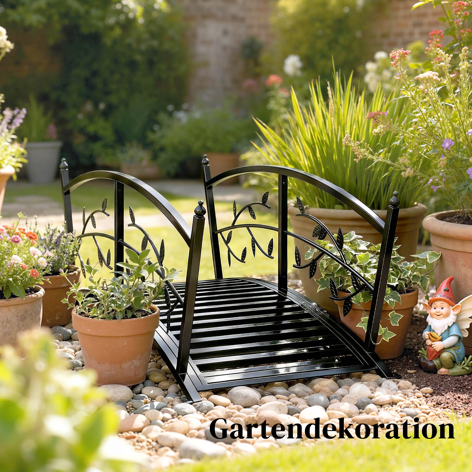 Gartenbrücke aus Metall 120 cm Teichbrücke mit Sicherheitsgeländern Antik-Optik Rostbeständig einfache Montage