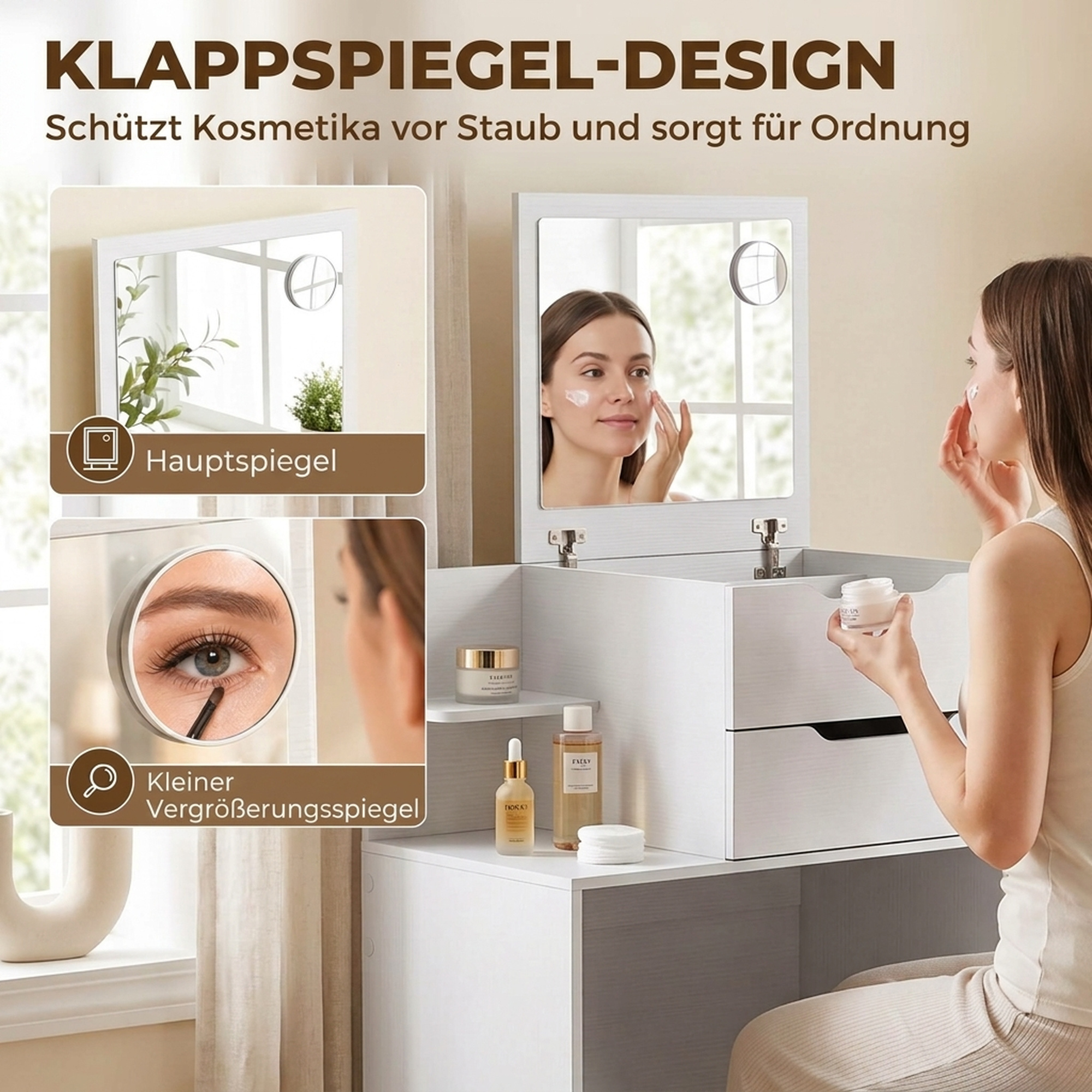 Schminktisch mit Spiegel und Hocker mit Klappspiegel, Kosmetiktisch mit Schubladen, Weiß