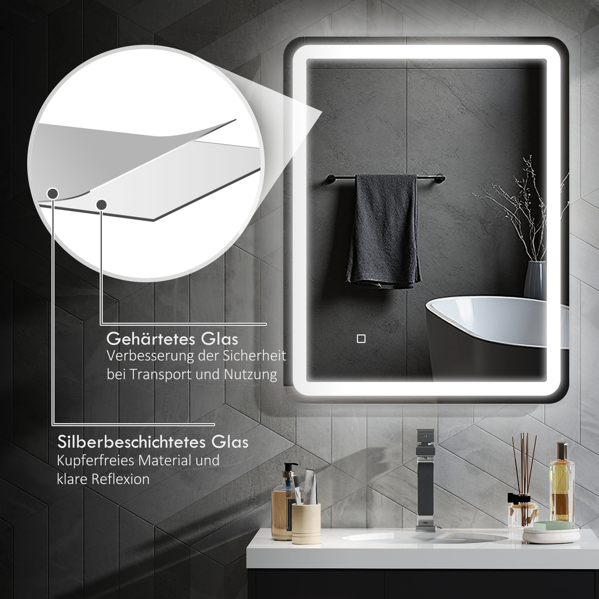 Badezimmerspiegel, beleuchtet, Touch-Steuerung, beschlagfrei, dimmbar, 3 Lichtfarben, 70x90, Silber