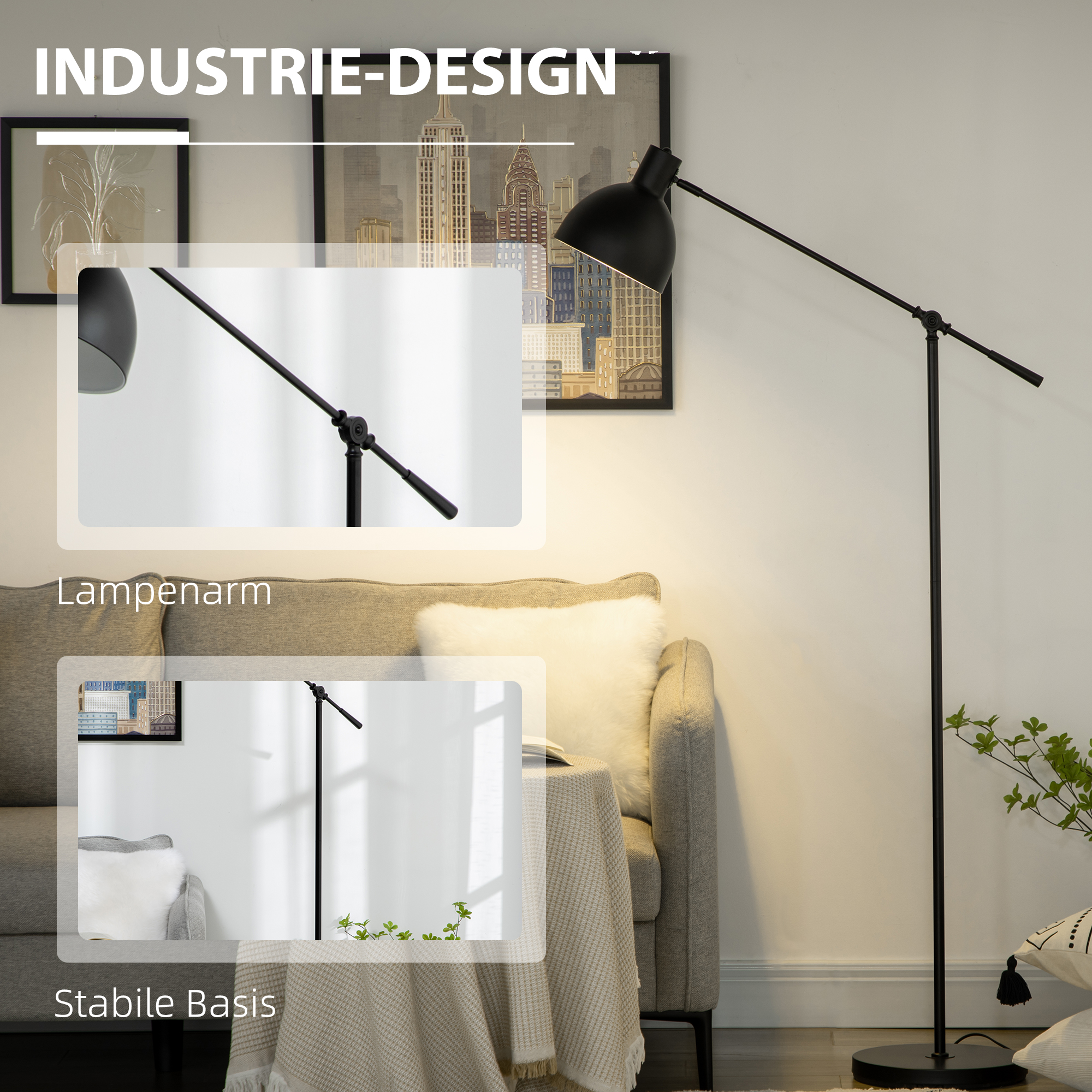 Stehleuchte im Industriedesign, höhenverstellbar, Bodenschalter; 30 m x 30 cm x 131 cm, Schwarz
