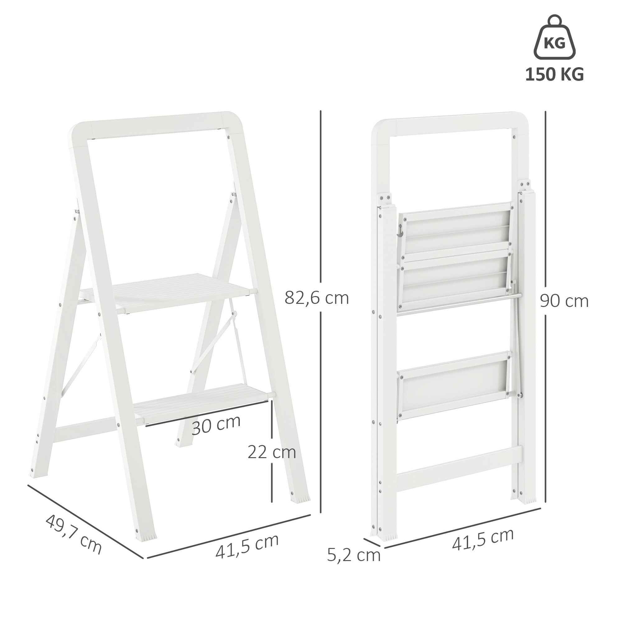 2-stufige Trittleiter, Aluminum faltbar, rutschfeste Plattform, Weiß