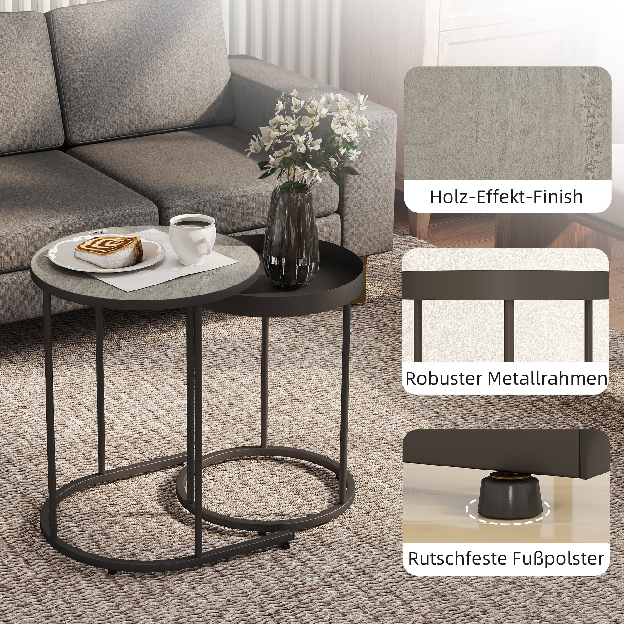 2er-Set Wohnzimmertische, ineinander verschiebbar, Tablett-Design, Metall, Grau