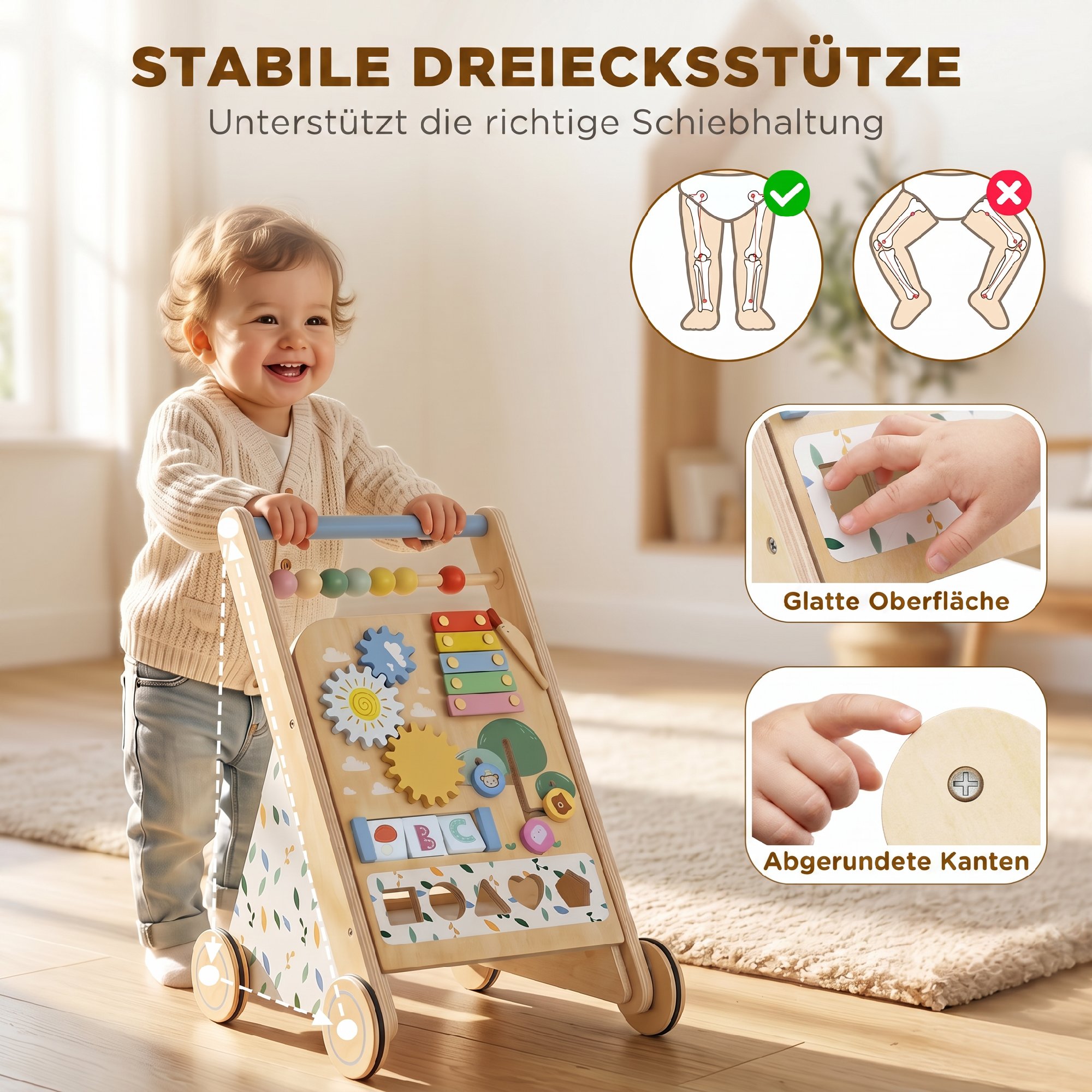Baby Lauflernwagen Holz Lauflernhilfe mit Rädern regulierbarer Geschwindigkeit Bauklötze für Kleinekinder ab 18 Monaten