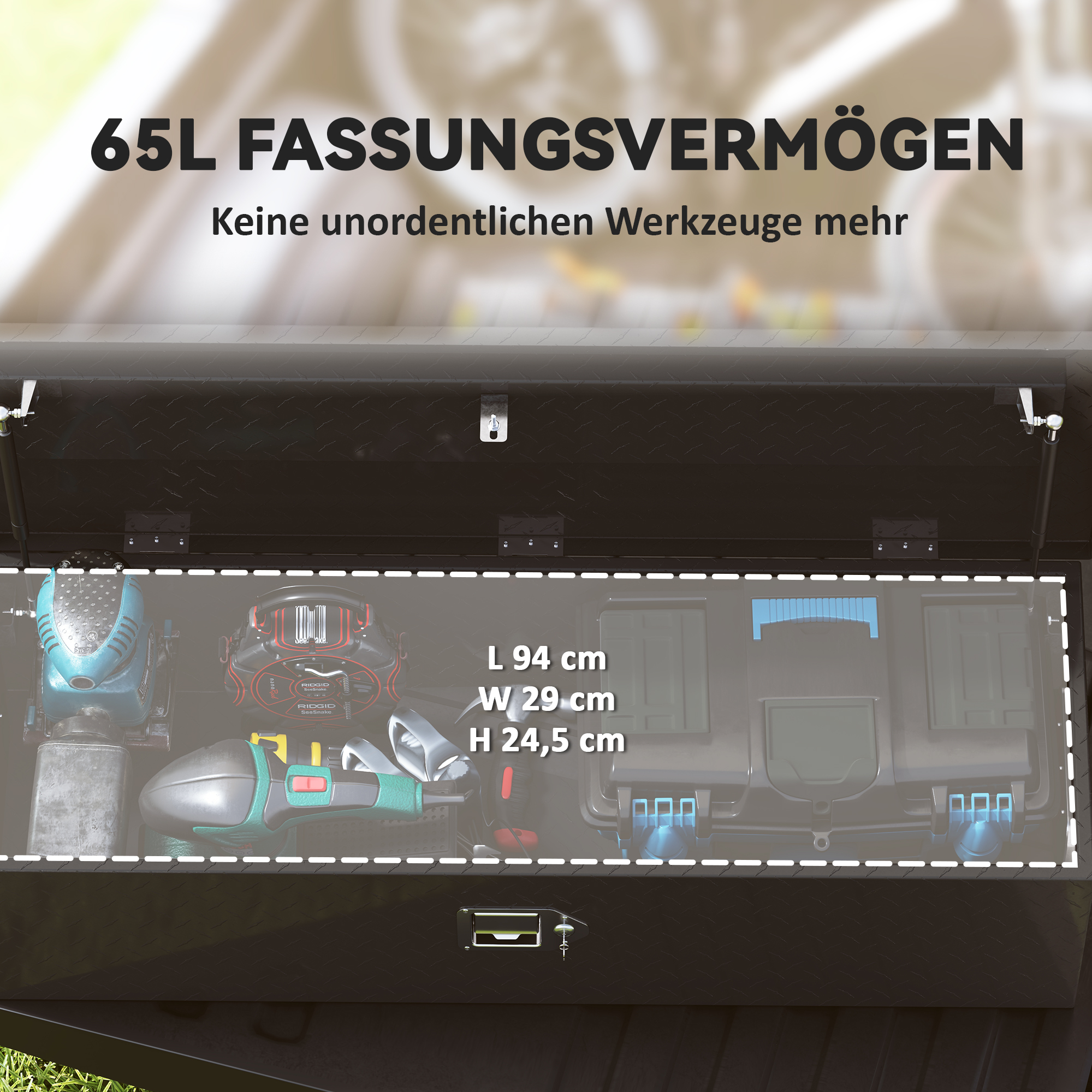 Stabile Aufbewahrungskiste aus Aluminium mit Seitengriffen, Schloss und Schlüsseln, Werkzeugkasten, 99 x 33 x 25,4 cm