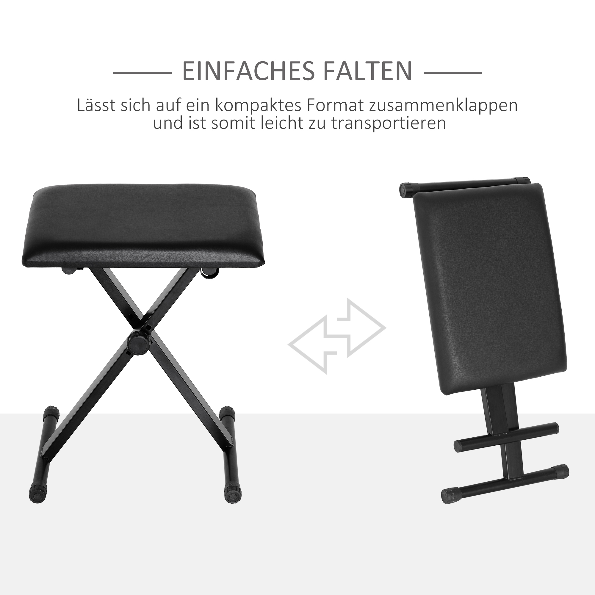 Klavierhocker Höhenverstellbar Klavierbank, X-förmiger Pianobank mit Kunstleder Kissen Klappbare Klavierstuhl für Piano Keyboard 39 x 29 x 37-47 cm Schwarz