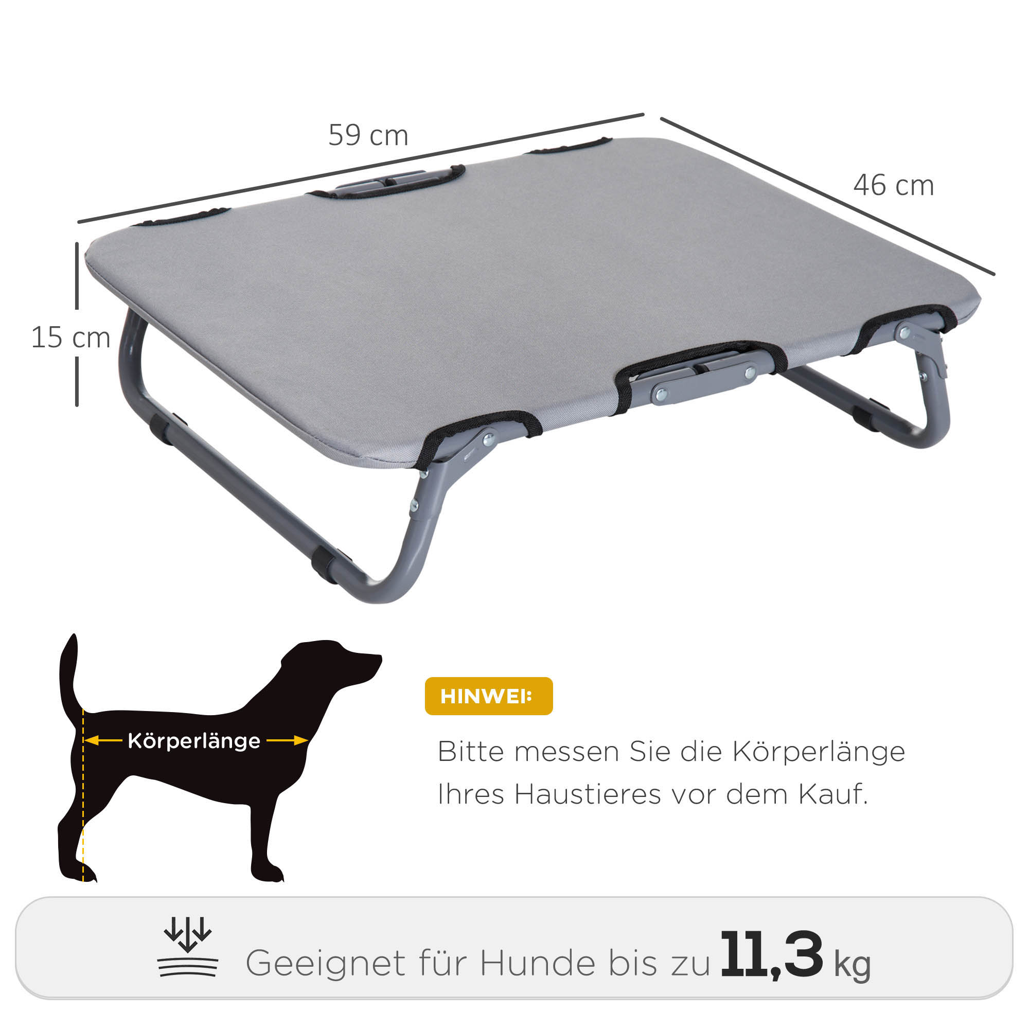 Hundeliege Outdoor, klappbar erhöhtes Hundebett für kleine Hunde, Kühlendes Haustierliege mit Stahlrahmen, Haustierbett für Draußen Camping, 59 x 46 x 15 cm, Grau