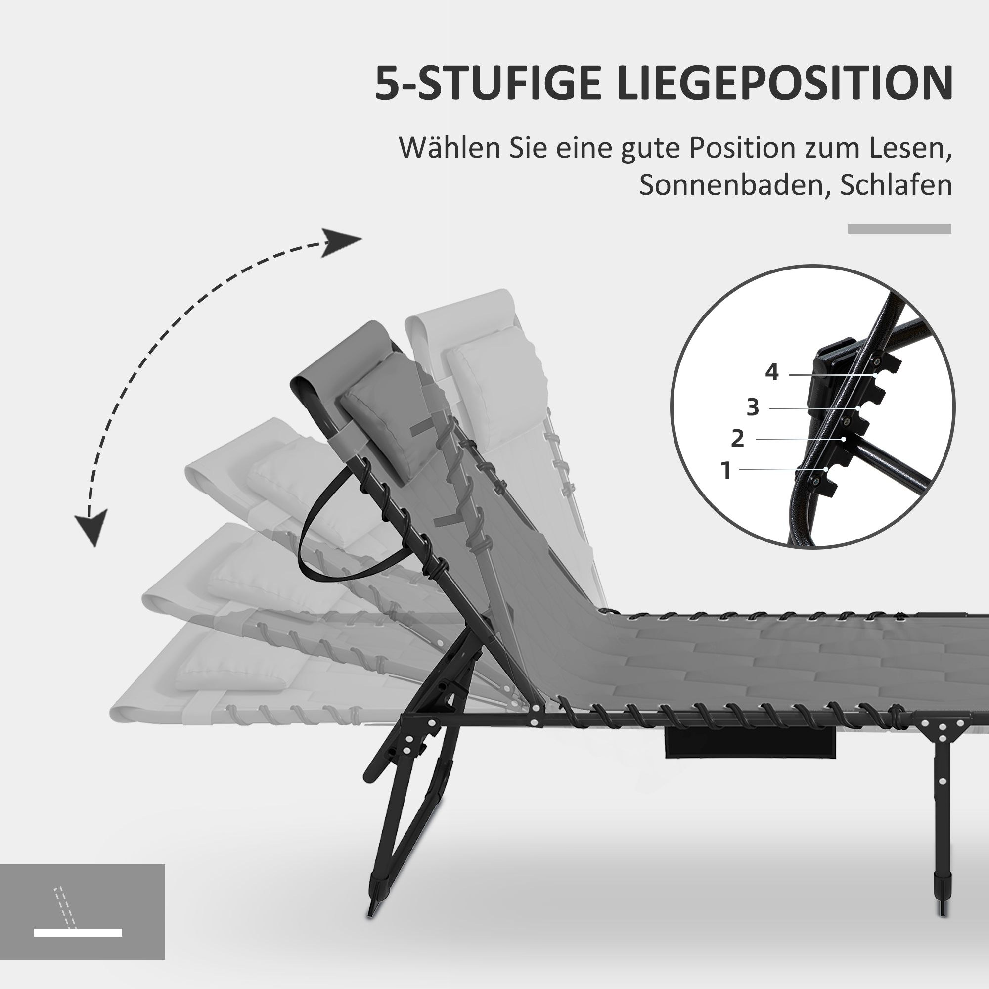 Sonnenliege Liegestuhl Gartenliege, klappbar, inkl, Kissen, wetterbeständig; 188 cm x 65 cm x 36 cm, Grau + Schwarz