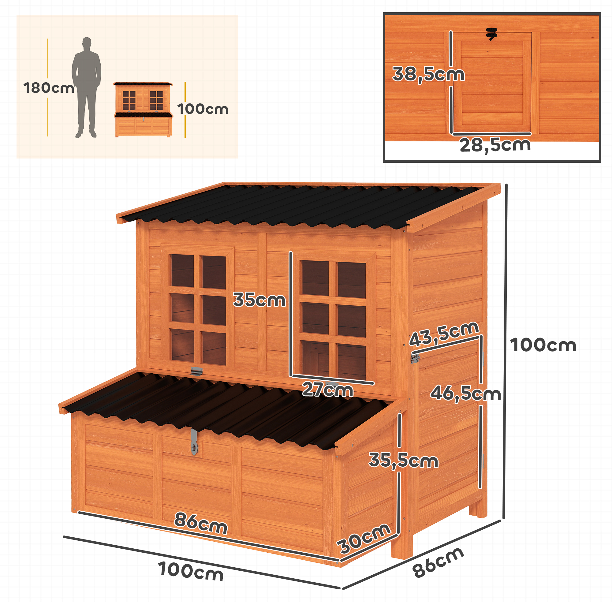 Hühnerstall mit Nestkasten für 3-4 Hühner, Wasserfestes Dach, Tannenholz, Kunststoff, 100 x 86 x 100 cm, Orange