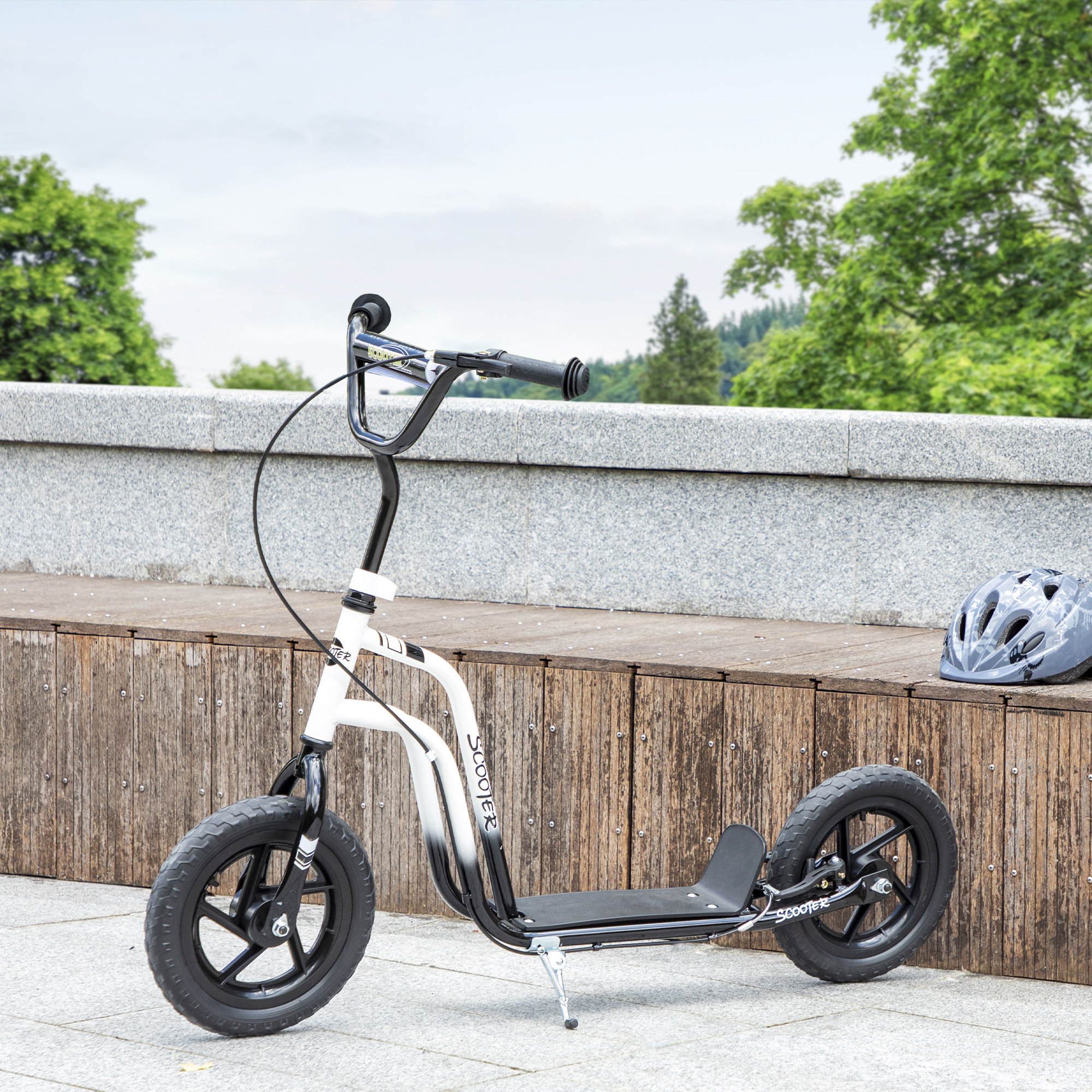 Kinderroller mit verstellbarem Lenker, große Räder, Parkständer, Handbremse, für Kinder im Alter von 5-12 Jahren, Weiß