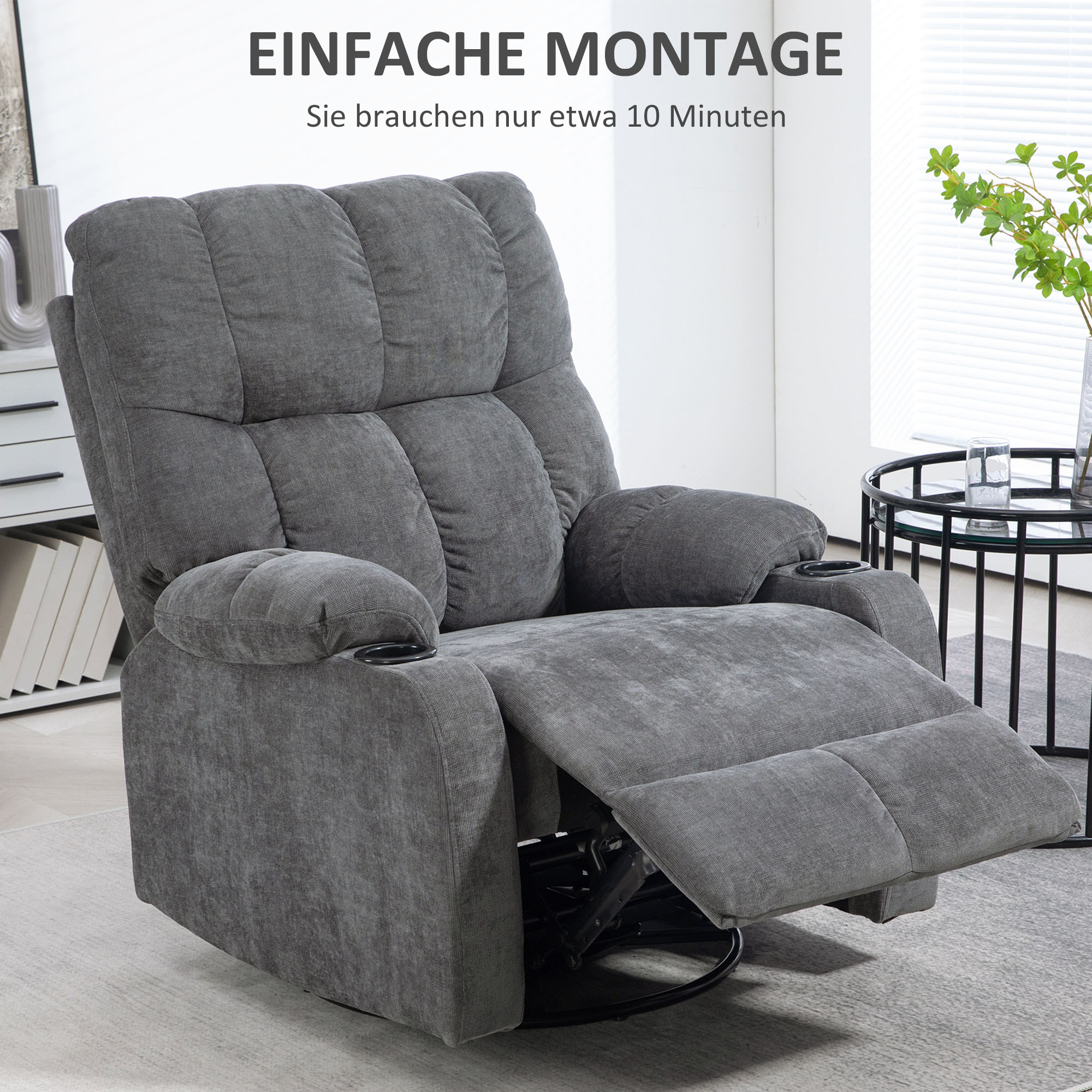 Relaxsessel mit Fußstütze, Liegesessel, drehbar, bis 150 kg, Stahlrahmen, 88x96x108cm, Dunkelgrau