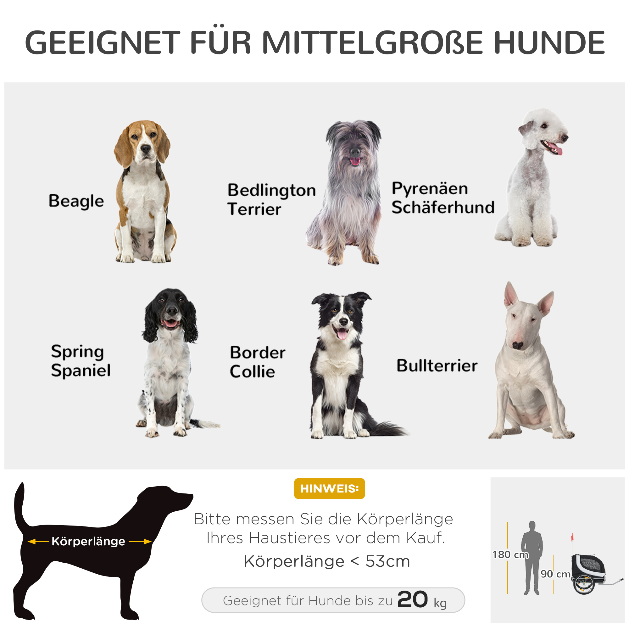 Fahrradanhänger Hundeanhänger bis 20kg Netzfenster, aufrollbare Abdeckung, Universalkupplung Weiß+Schwarz