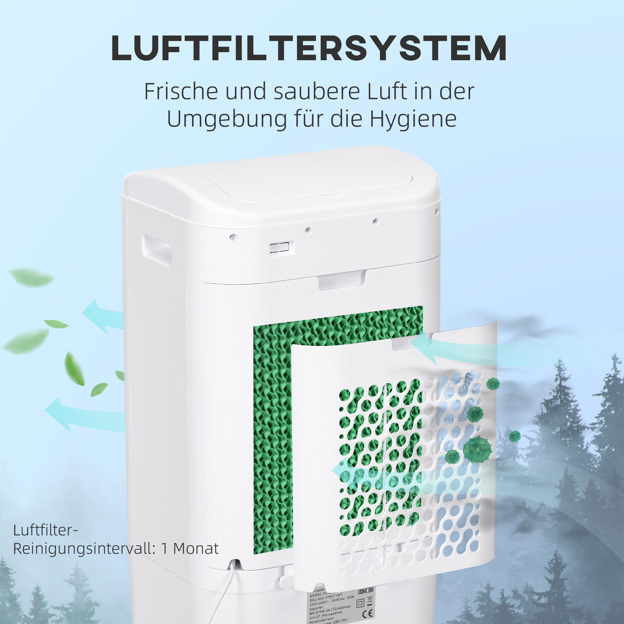 Luftkühler, Klimaanlage, 3 Modi, 7,5 Stunden-Timer, rollbar, Kunststoff, Weiß