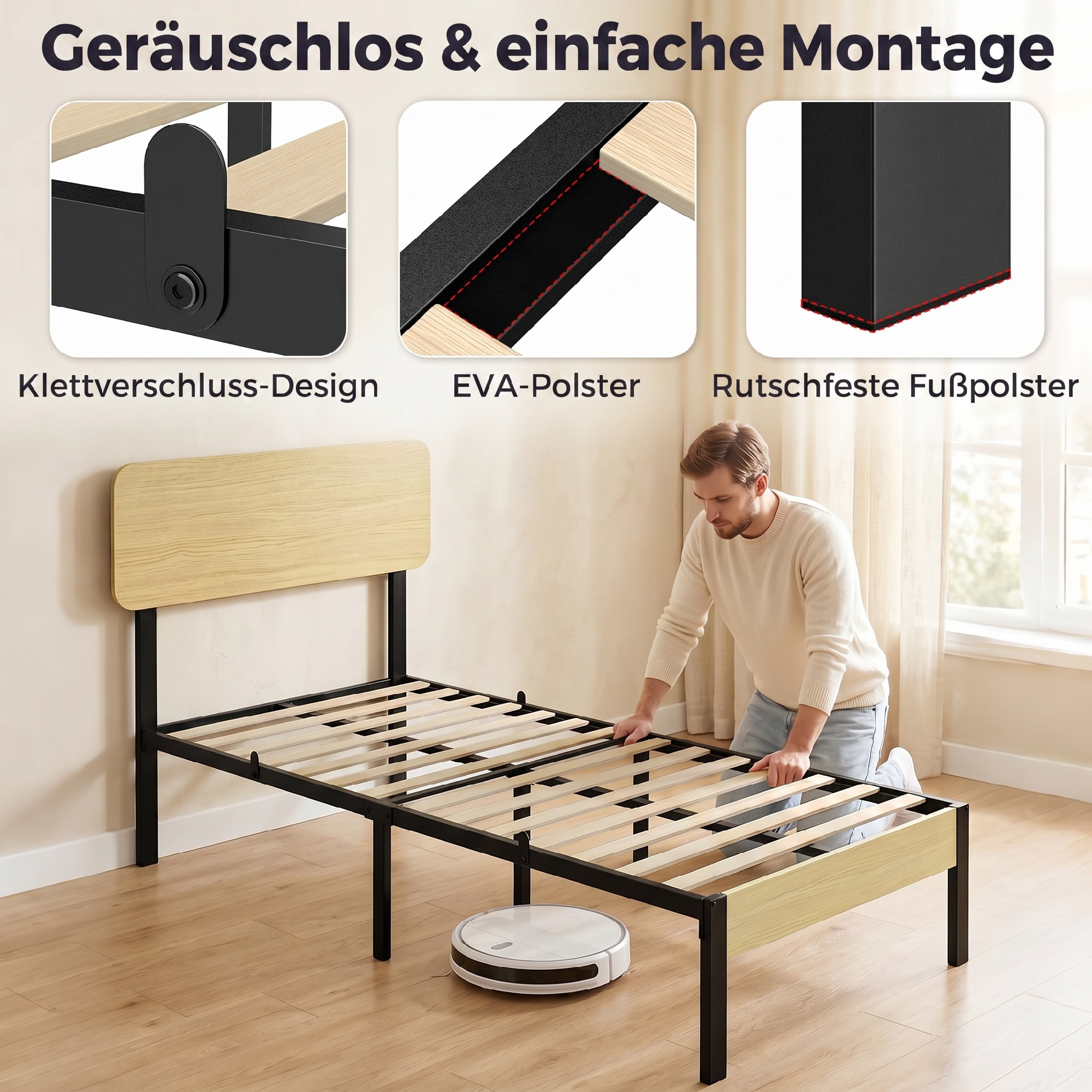 Bettgestell 90 x 200 cm mit Kopfteil, Plattformbett, Einzelbett mit Stauraum unter dem Bett