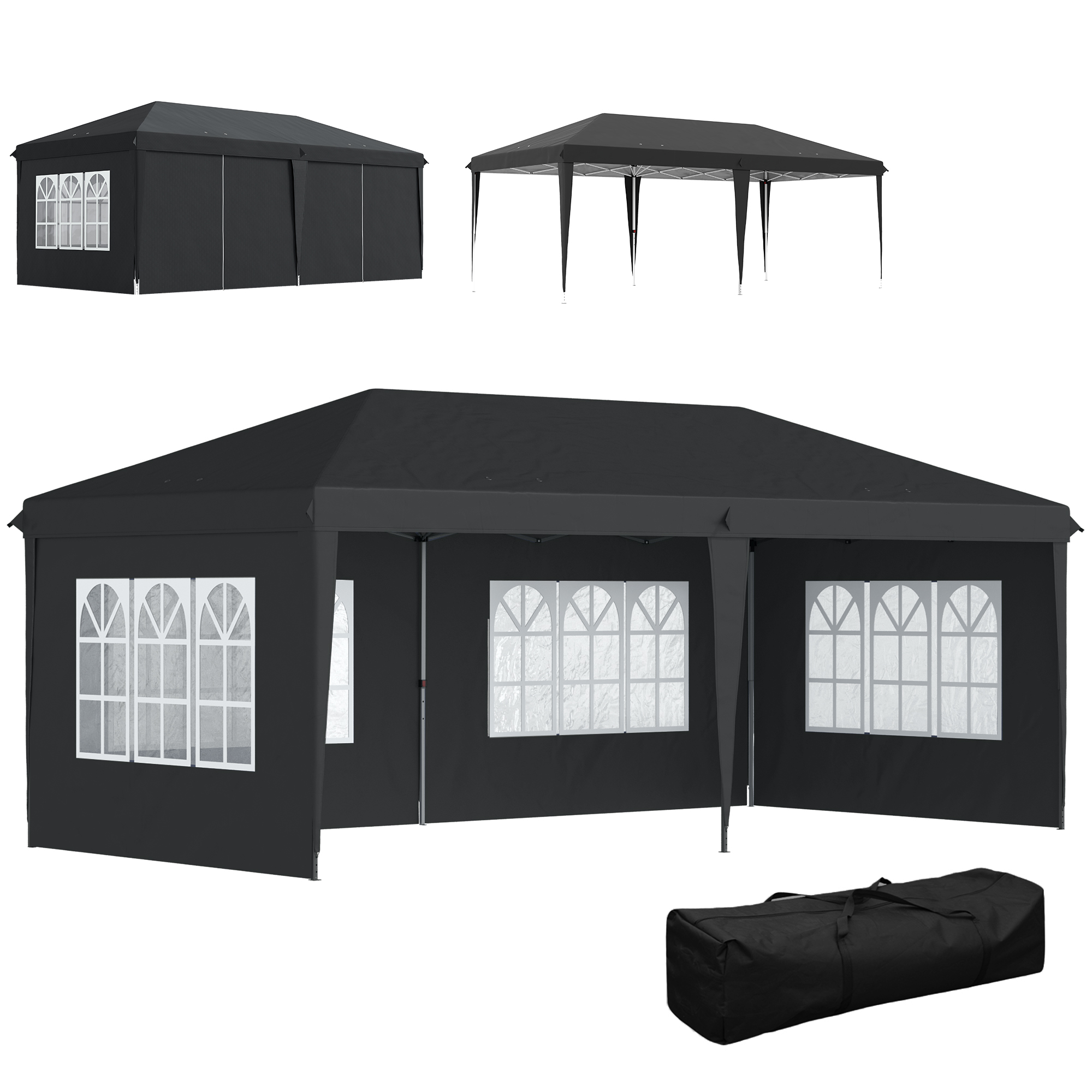 Pavillon ca. 3x6m Wasserdicht Pop-up Faltpavillon mit 4 Seitenwänden, Fenster UV-Schutz Tragetasche Schwarz
