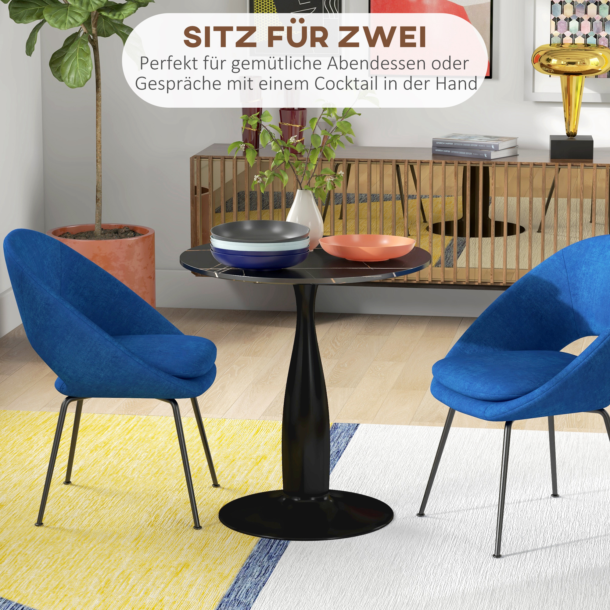 runder Esstisch, pulverbeschichteter Stahl, MDF mit Melamin, rutschfeste Füße, 70 x 74 cm, Schwarz