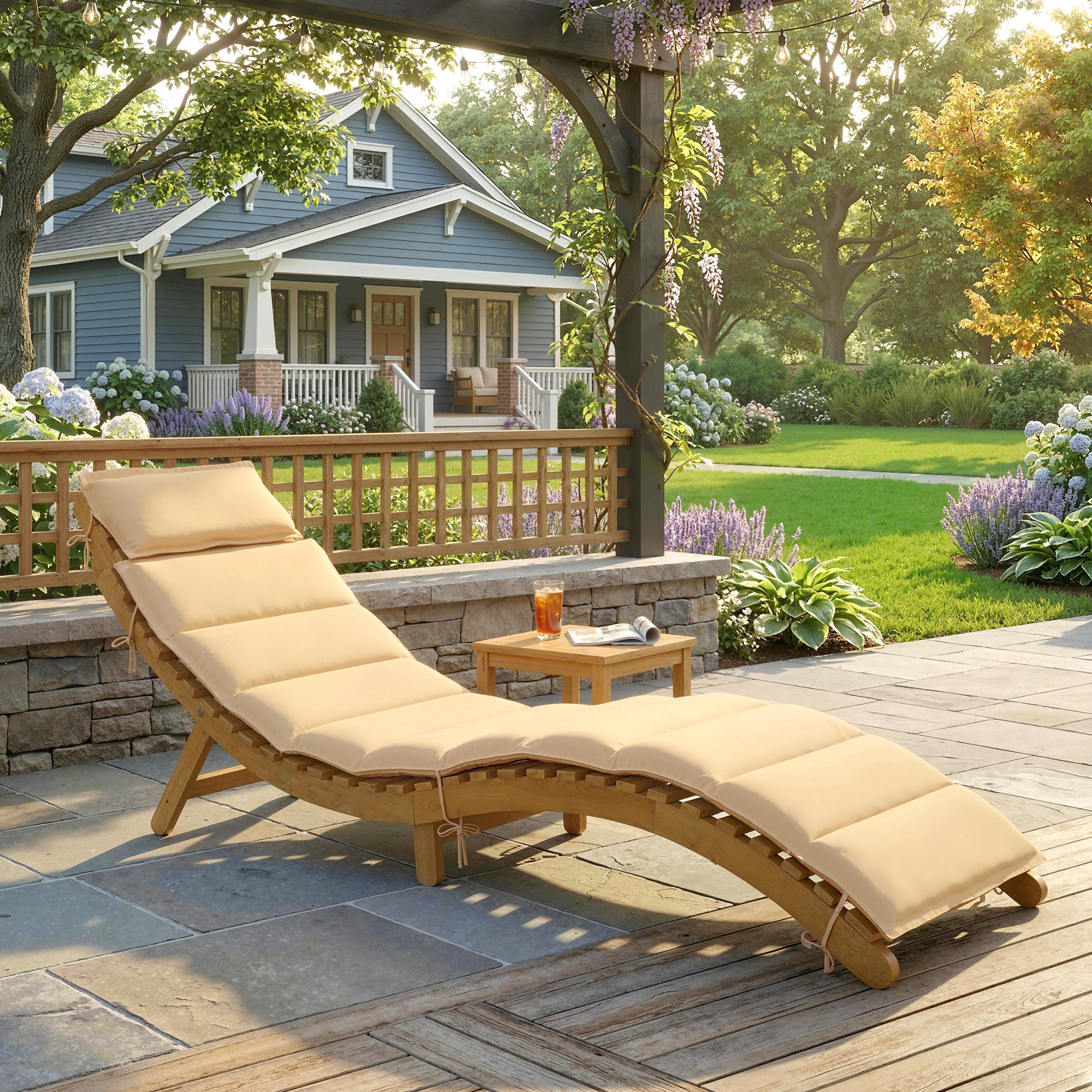 Sonnenliege klappbare wetterfeste Gartenliege aus Holz mit Polsterung Kopfstütze Tragegriff 183 x 54 x 63 cm, Beige