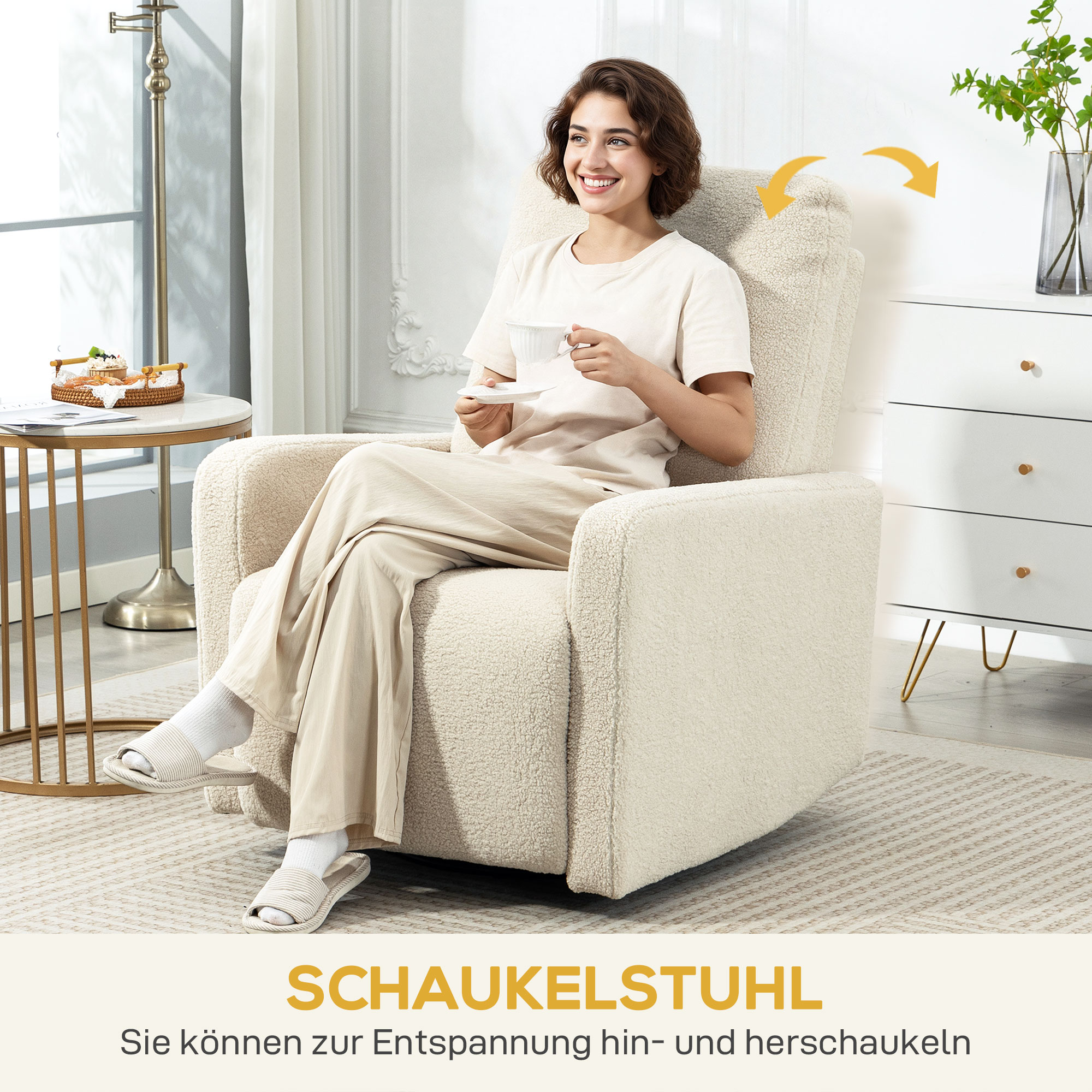Recliner-Sessel, Entspannungssessel mit Fleece-Bezug, verstellbare Rückenlehne, Polstersessel, Stahl, Beige