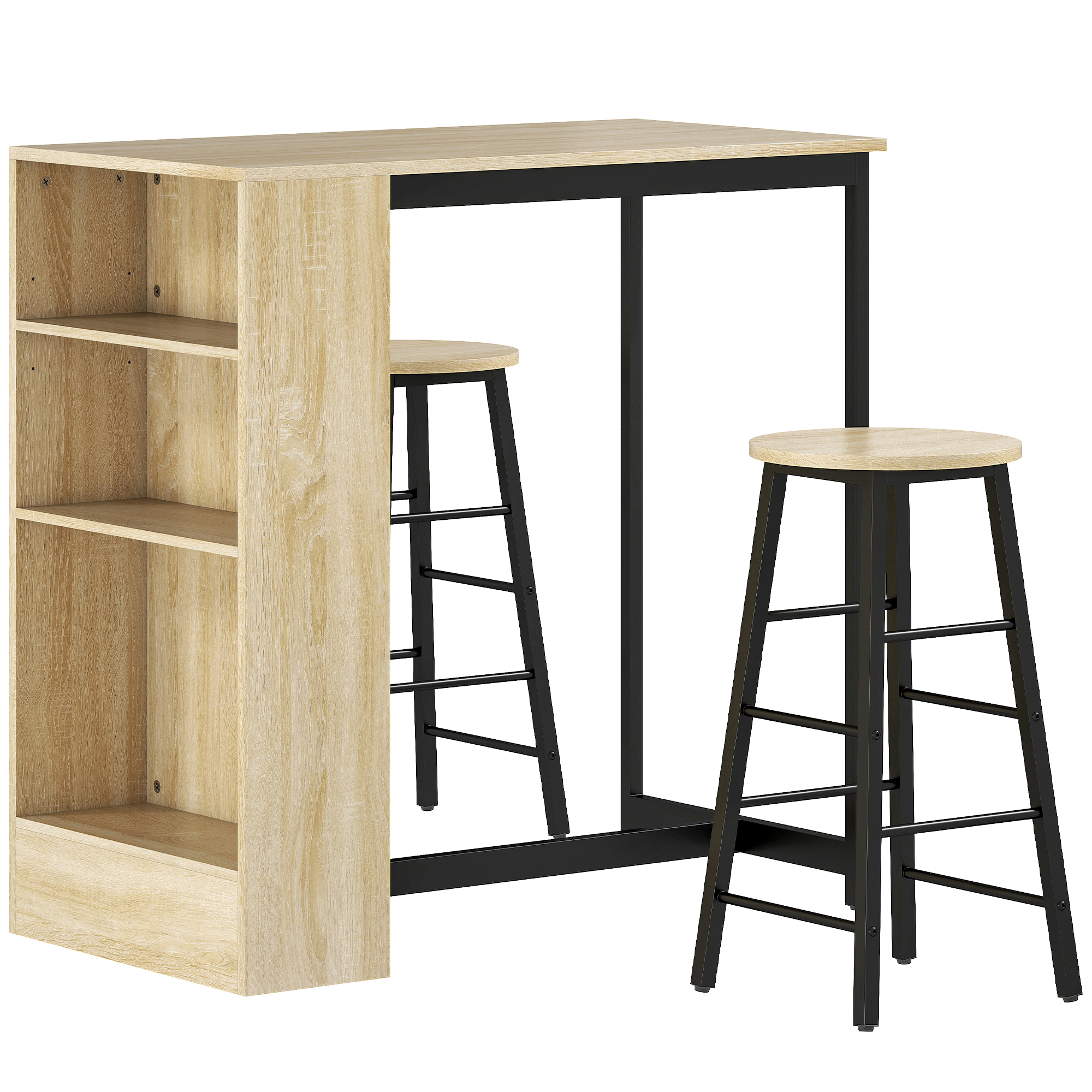 3-teiliges Bartisch-Set, 1 Tresen, 2 Stühle, mit Stauraum und Fußstützen, platzsparend, Hellbraun+Schwarz
