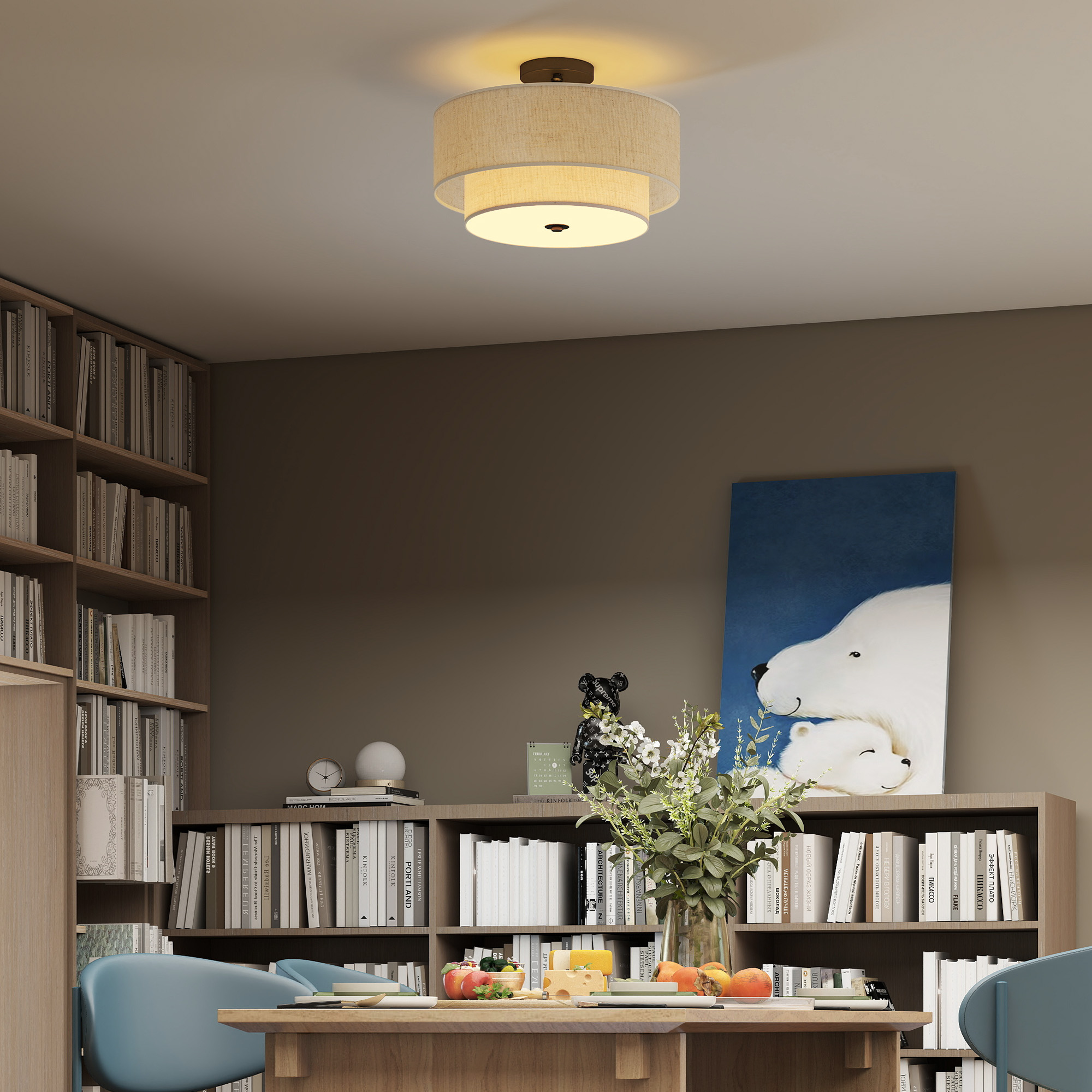 Deckenlampe, Hängeleuchte mit doppelten Schirmen in Leinenoptik, Cremeweiß