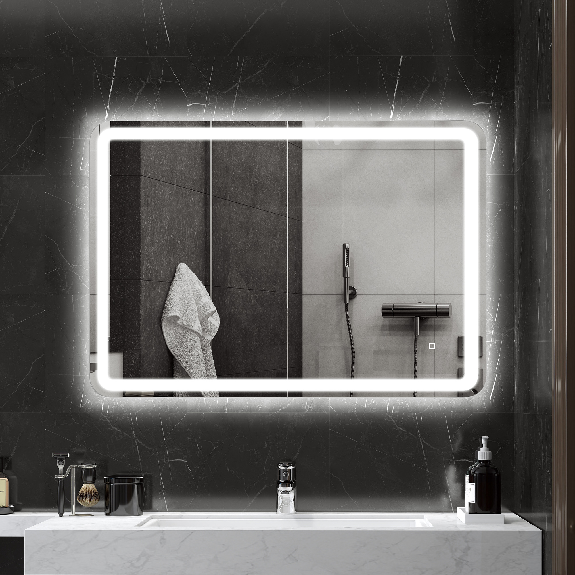 Badezimmerspiegel, beleuchtet, Touch-Steuerung, beschlagfrei, dimmbar, 3 Lichtfarben, 70 x 100, Silber
