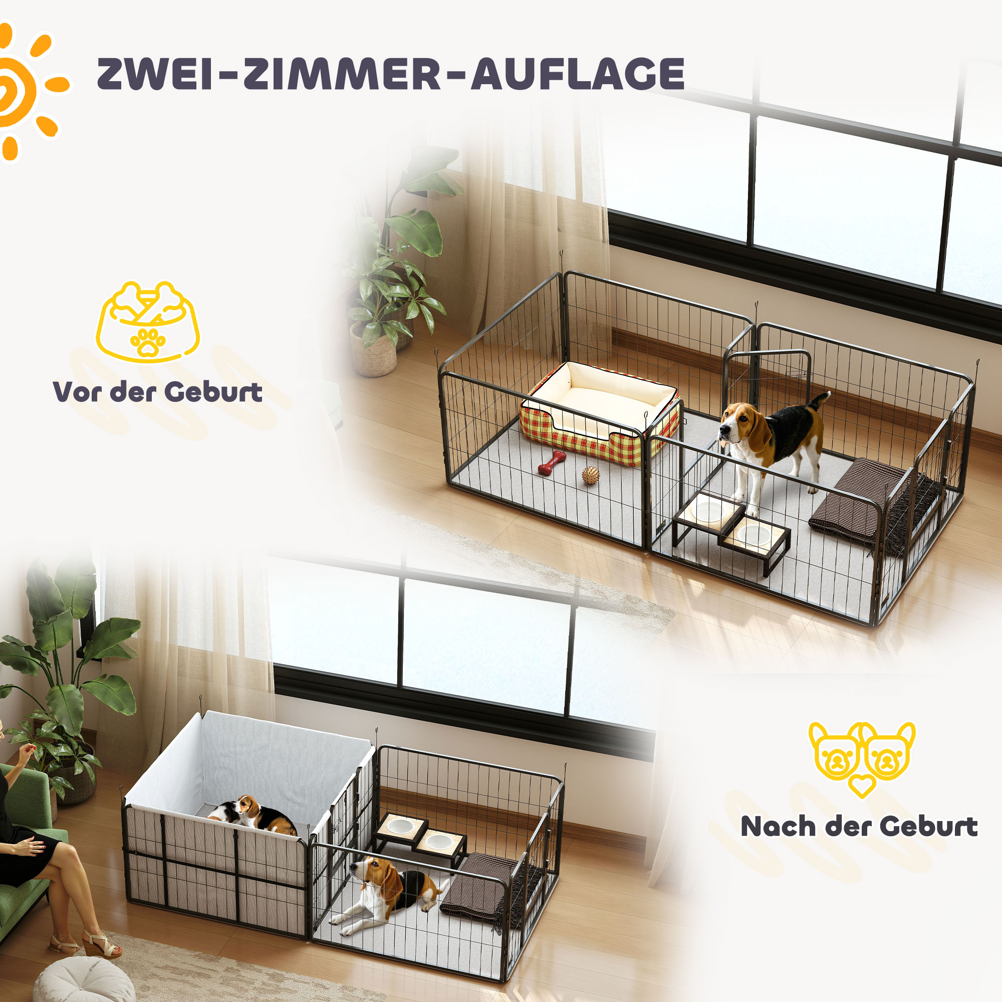Wurfkiste für Welpen, Wurfbox Welpenlaufstall mit 7 Paneele, 2 Bereichen, Waschbare Wurfunterlage, 203x102x60cm Schwarz