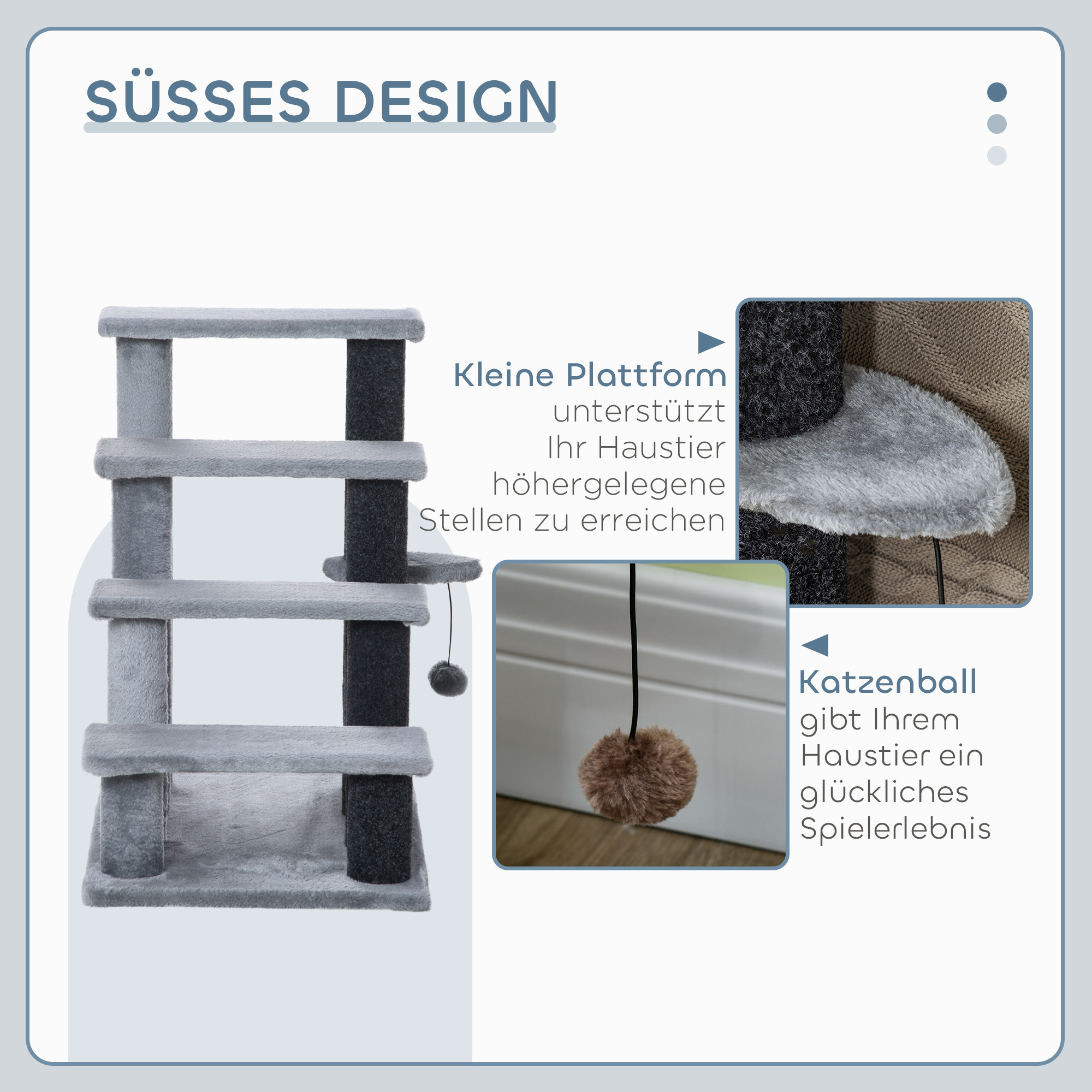 Katzentreppe 4-stufige Haustiertreppe mit Kratzsäulen Ball Hundetreppe Tiertreppe für Katzen bis 5 kg Plüsch Jute Grau 60 x 40 x 64 cm