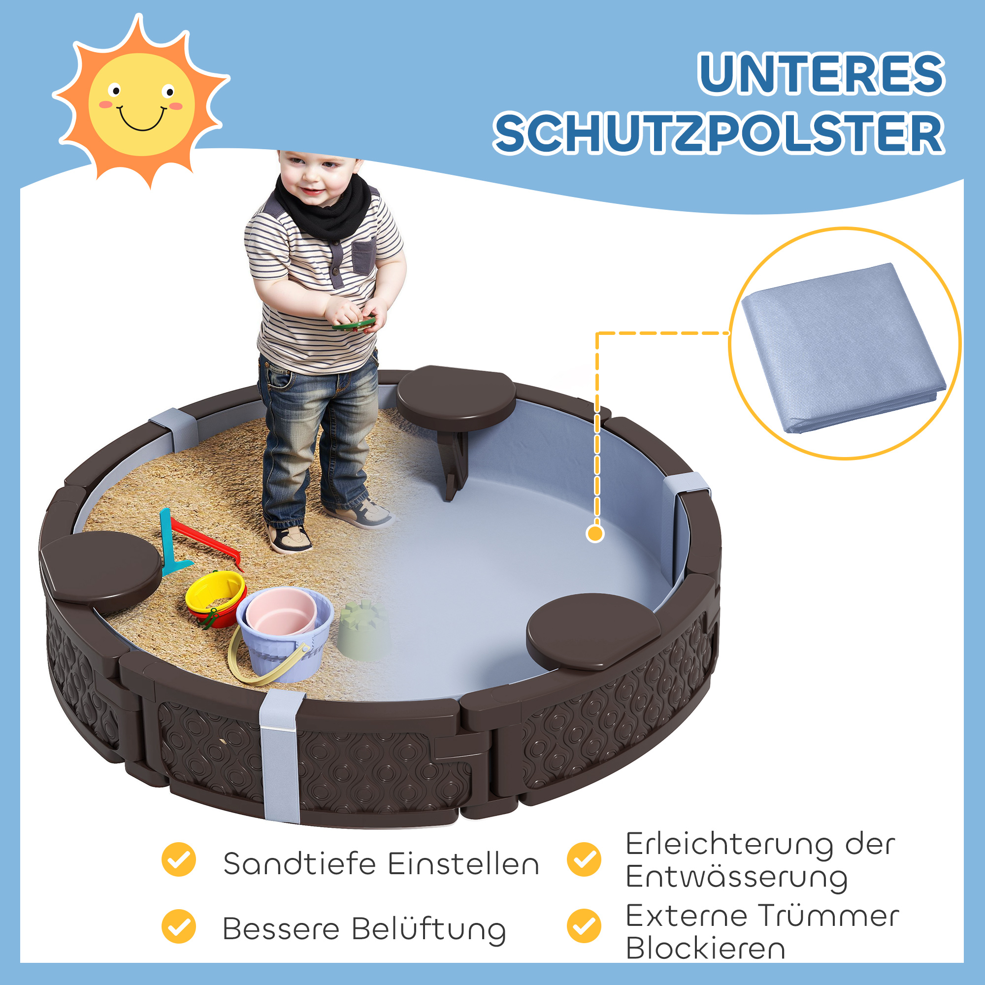 Sandkasten, Runde Sandkiste für bis zu 3 Kinder, mit 3 Sitzen, wasserfeste Unterlage, Schutzplane, 300 kg Sand