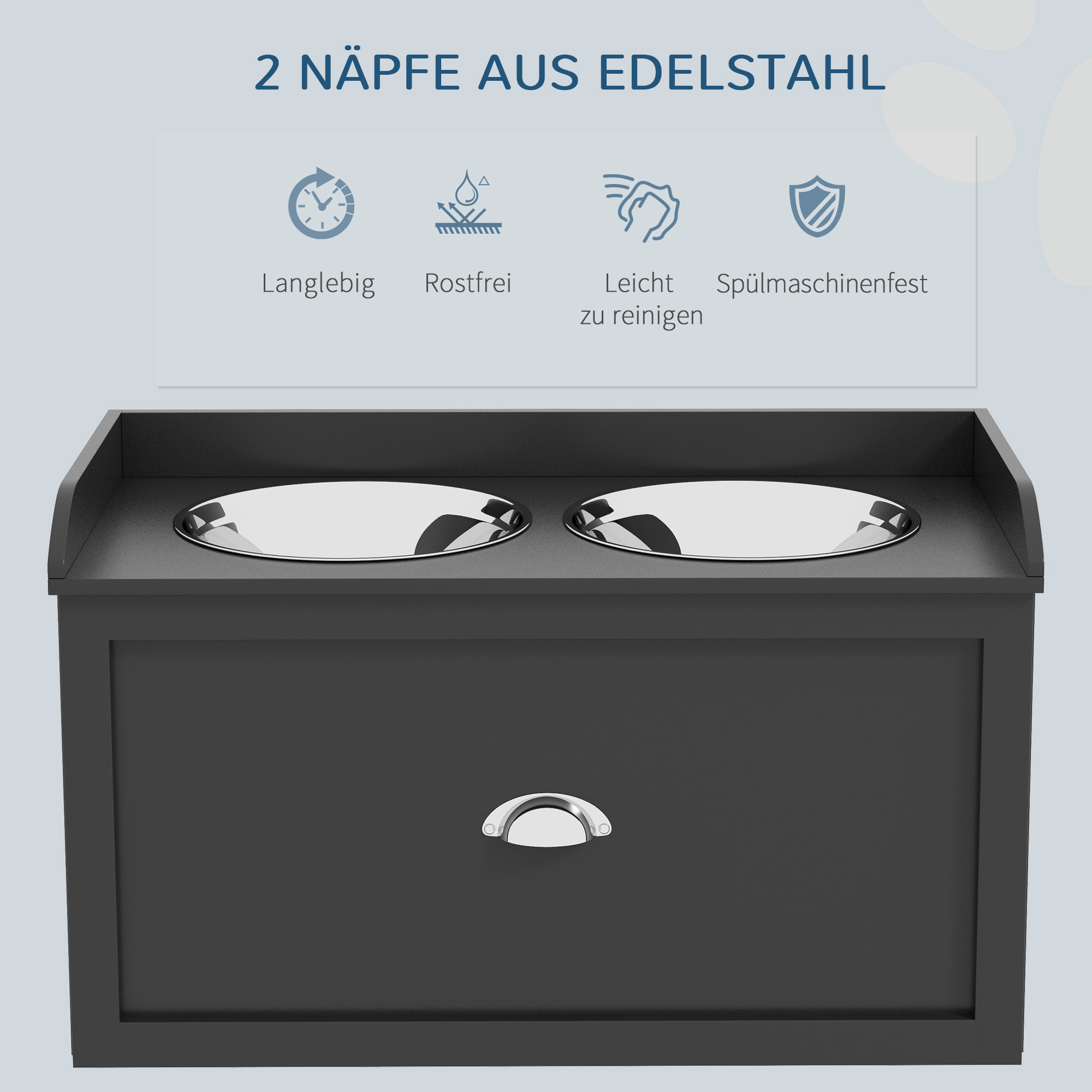 Futterstation, 2 Fressnäpfe je 2 Liter, Edelstahl, mit Schublade, für große Hunde, schwarz+silber, 60 x 30 x 36 cm