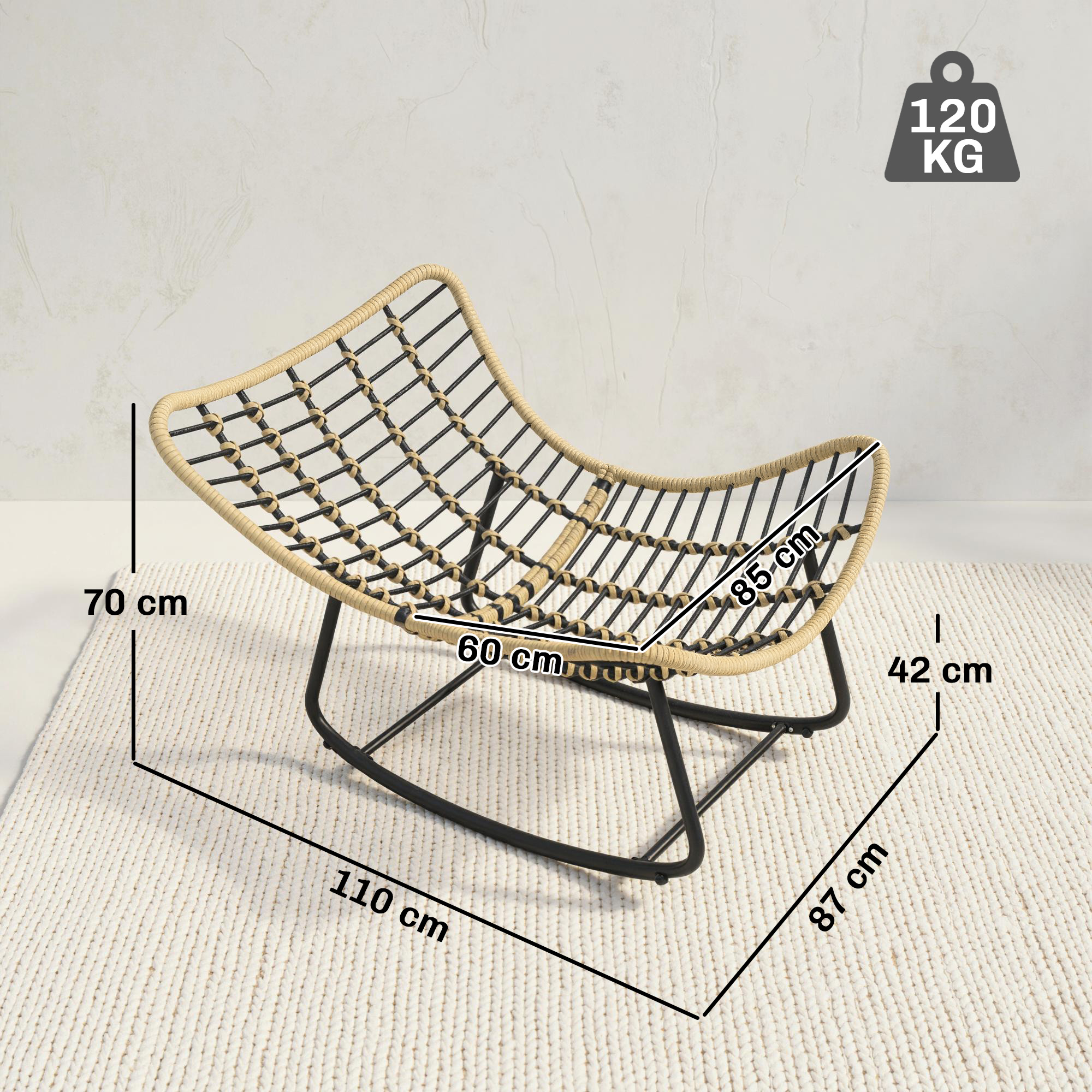 Rattan Schaukelstuhl Gartenliege mit dicke Kissen, Gartenschaukel bis 120 kg Indoor Outdoor 87 x 110 x 70 cm Grau