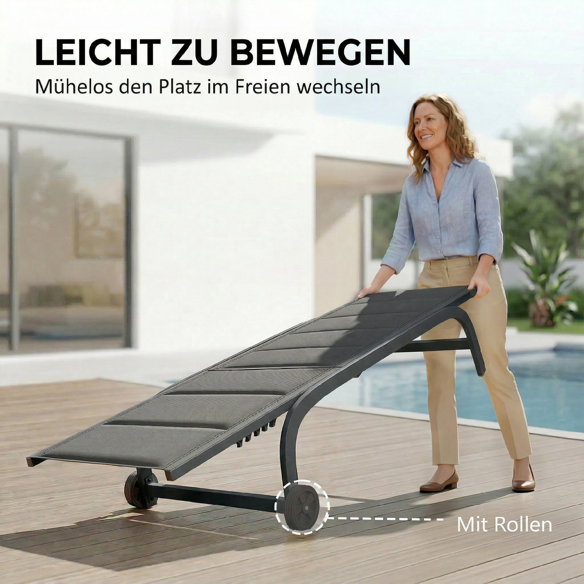 Sonnenliege Atmungsaktive Gartenliege mit 6-fach Verstellbar Rückenlehne Rädern Aluminiumrahmen Dunkelgrau