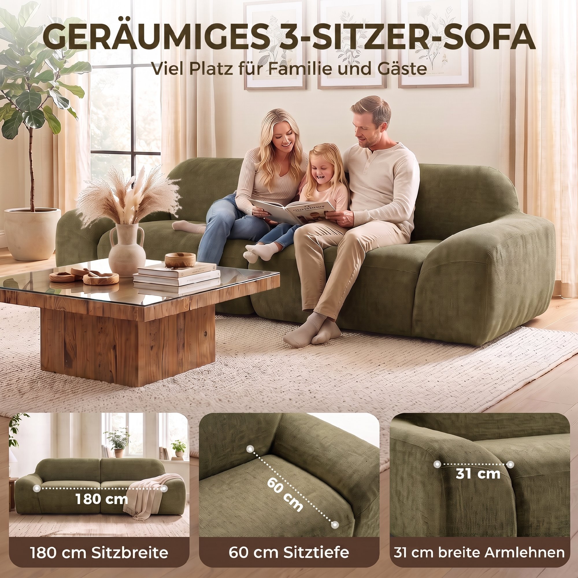 3-Sitzer-Sofa, abgerundet und rahmenlos, mit großzügiger Sitzfläche, dick gepolstert, keine Montage, Dunkelgrün