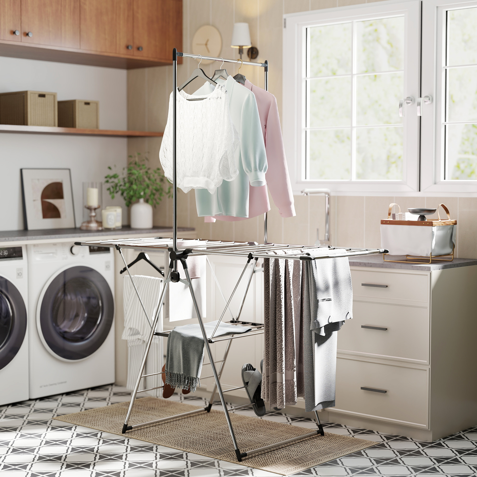 Wäscheständer faltbar Standtrockner mit verstellbare Flügel, Schuhhaltern, Edelstahl, 156,5 x 68 x 192 cm, Silber