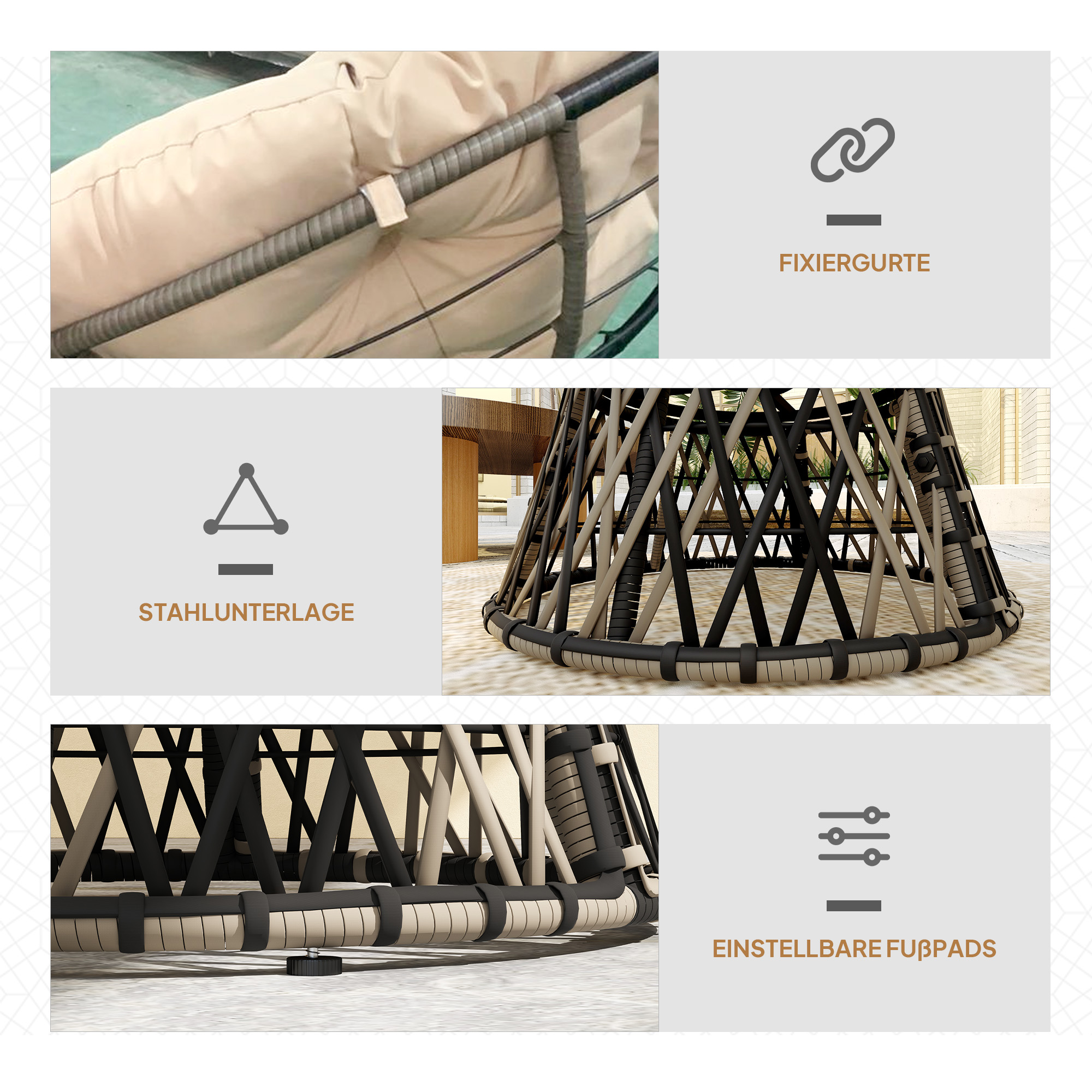 Papasansessel Rattan 360° drehbar Korbsessel mit Kissen Durchmesser 90 cm runder Beige