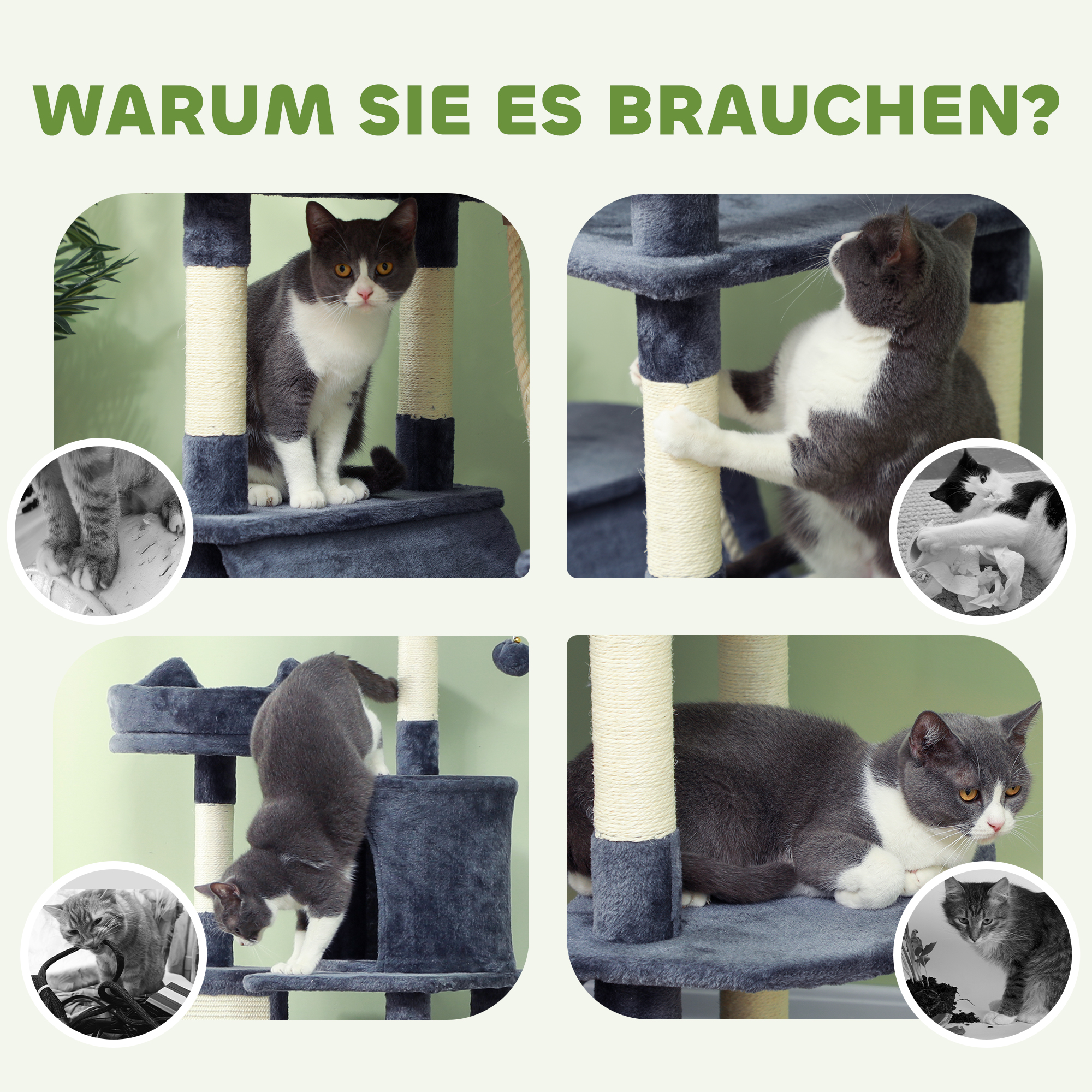 Kratzbaum 206 cm Katzenturm mit Höhle, 2 Spielballen, Sisalstämme, Plattform für große Katzen, Dunkelgrau