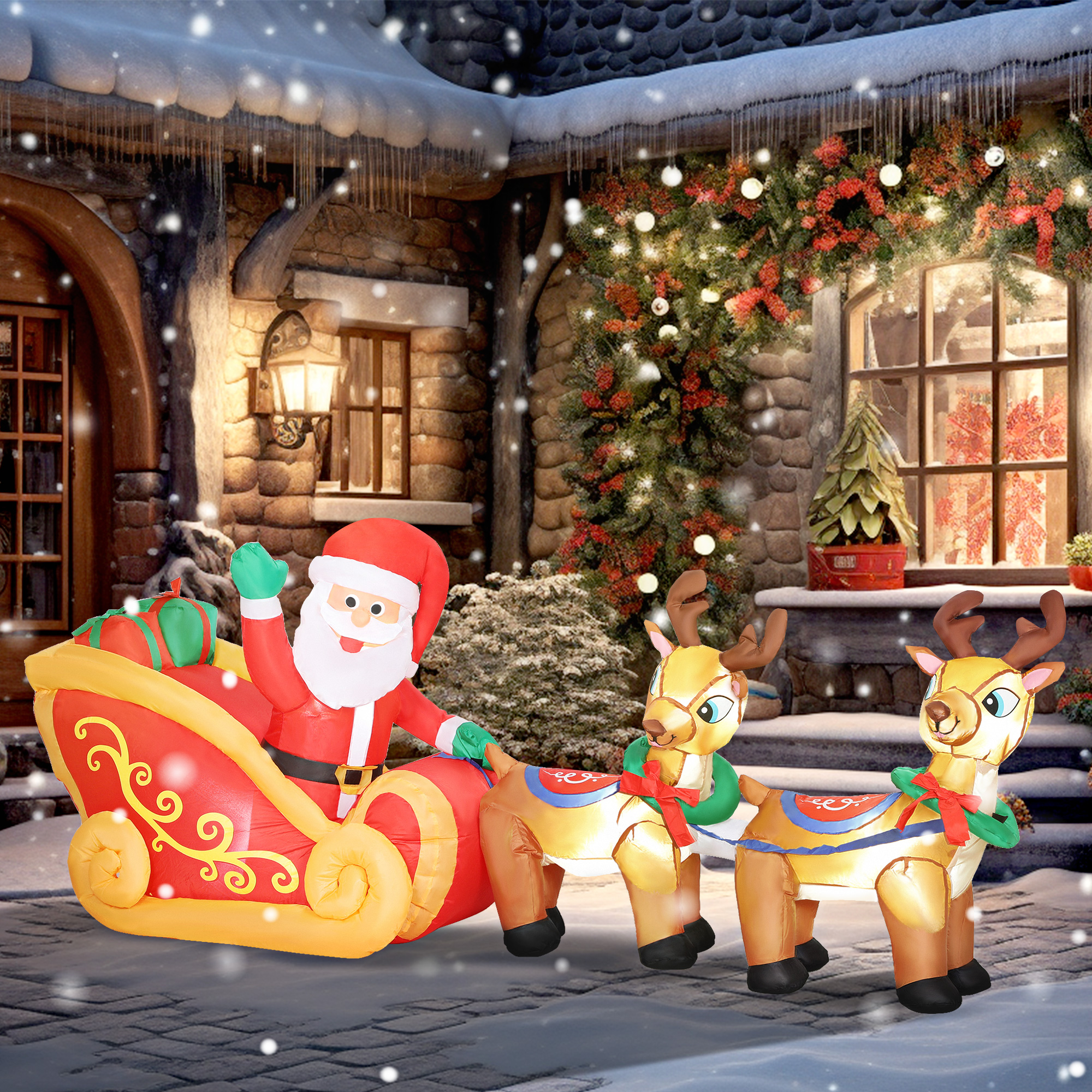 Aufblasbare Weihnachtsdekoration, Weihnachtsmann im Rentierschlitten, Polyester