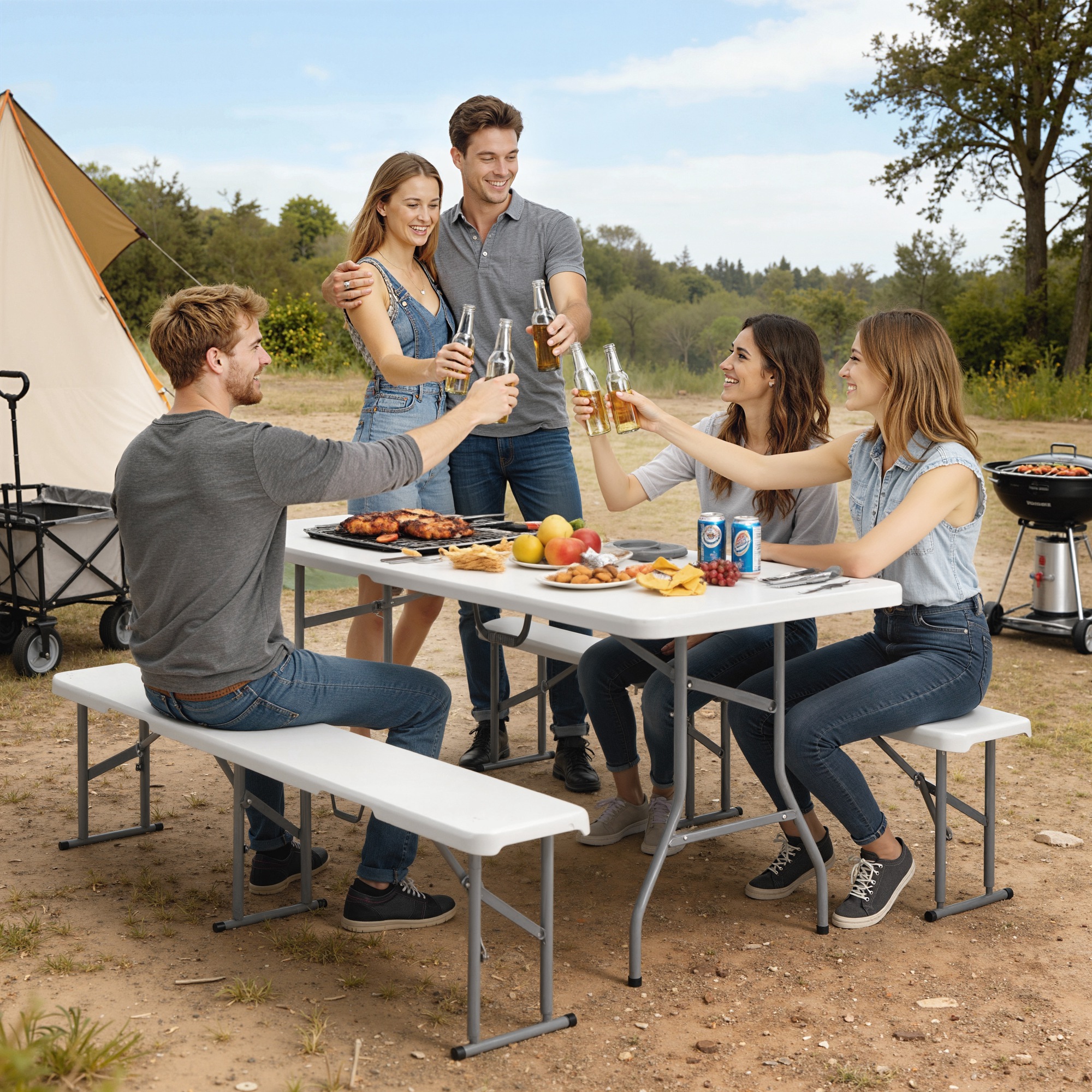 3-teiliges Picknicktisch-Set, 1 Tisch, 2 Bänke, Faltbarer Campingtisch mit Tragegriffen, Kunststoff, Metall, Weiß