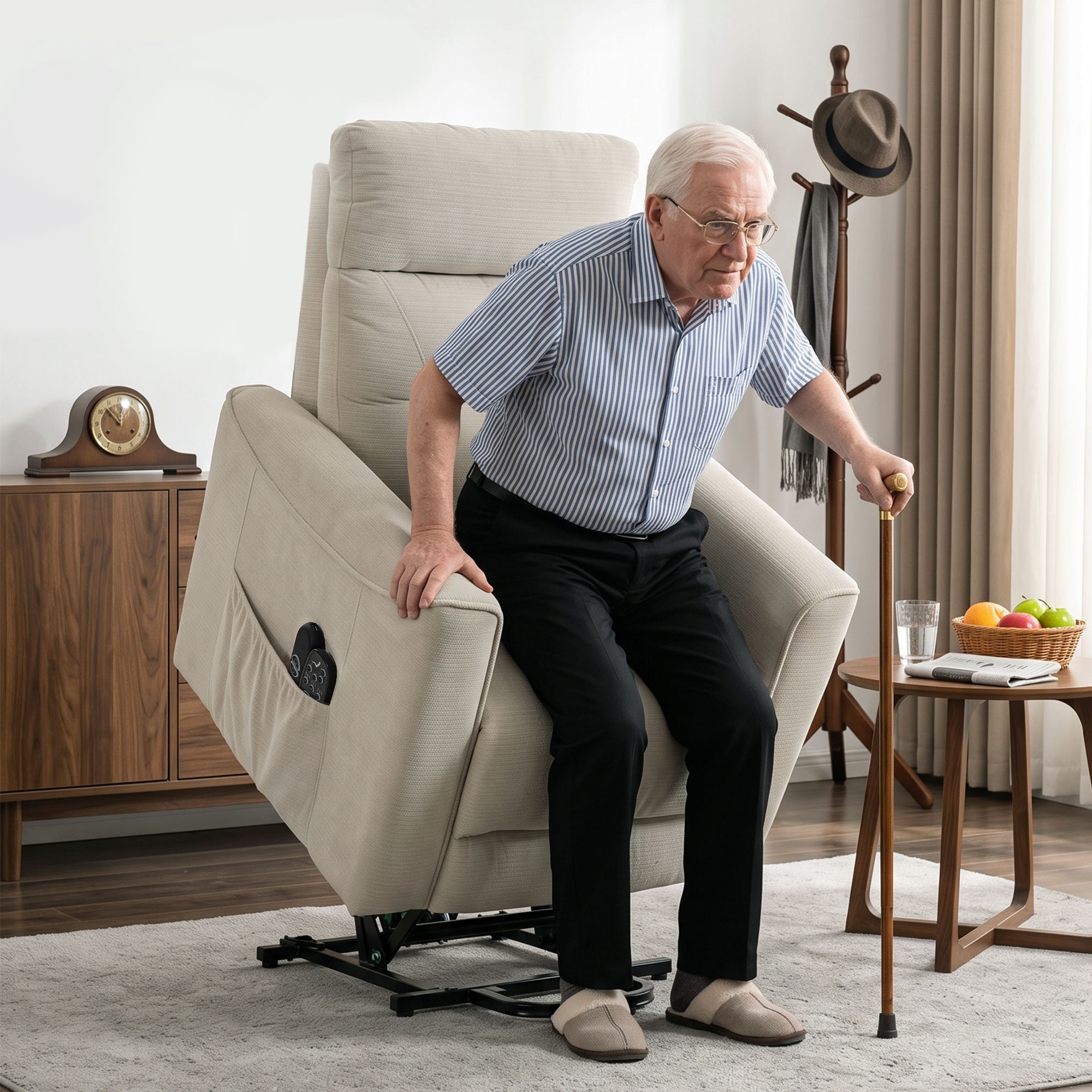 Relaxsessel mit elektrischer Aufstehhilfe, Massage & Wärme, Chenille-Sessel mit Federkern, Greige