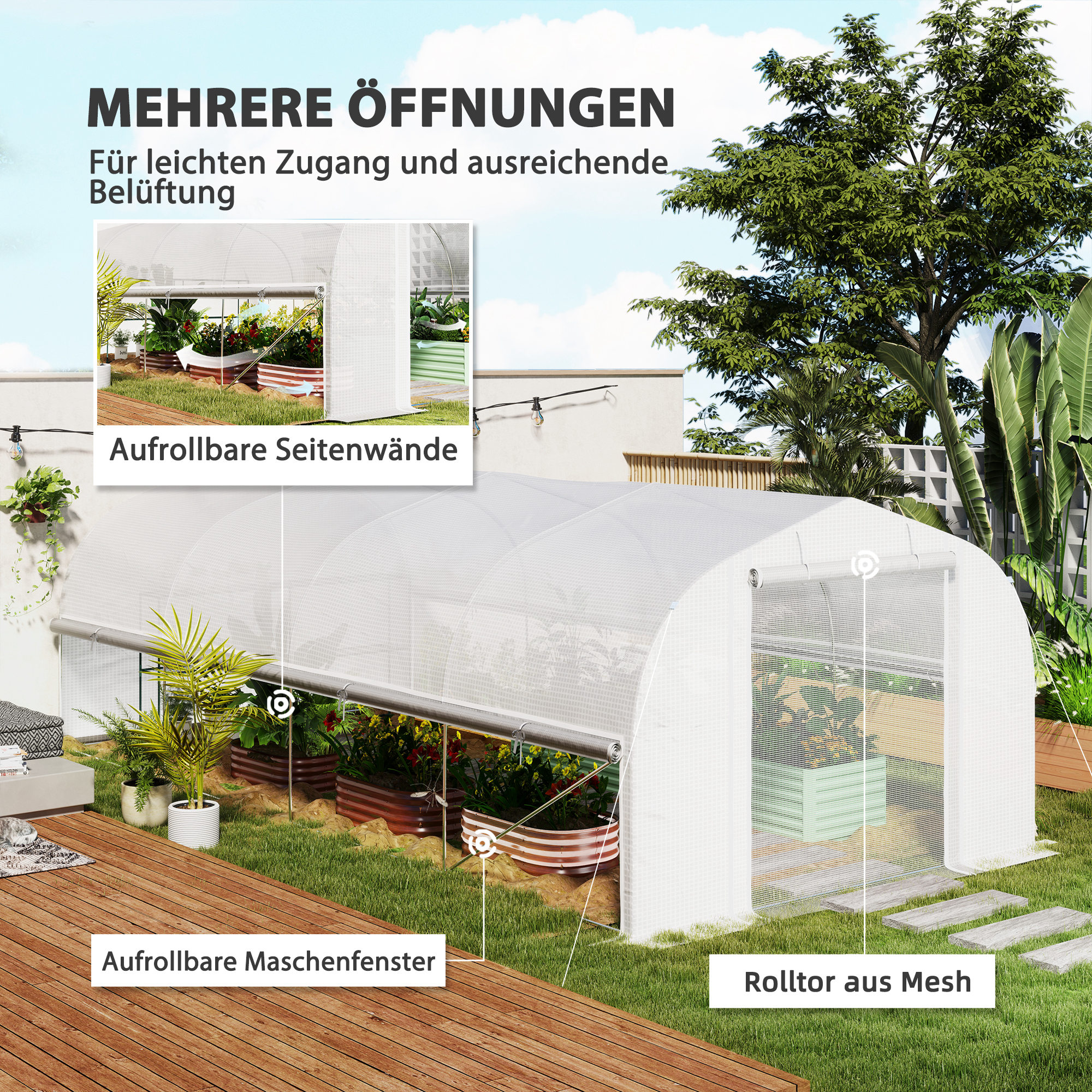 6x3x2 m Gewächshaus, begehbar, 8 Fenster, Tür, Fliegennetze, Metallgestell, Weiß