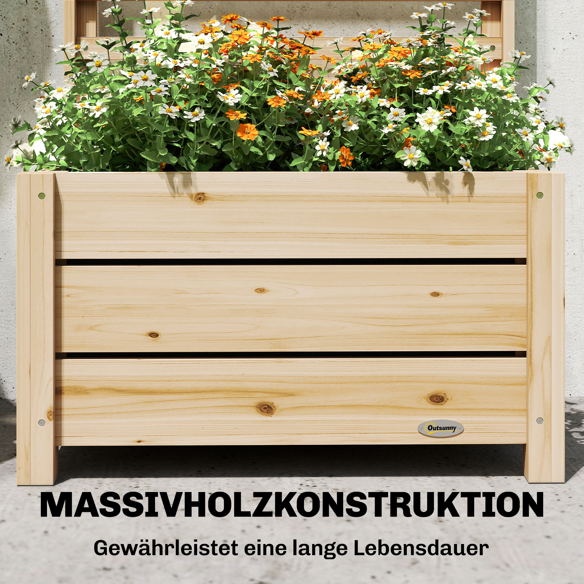 Hochbeet mit Rankgitter Holz erhöhter Blumenkasten mit Spalier Abflussloch Vliesstoff 60 x 39 x 120 cm Naturholz