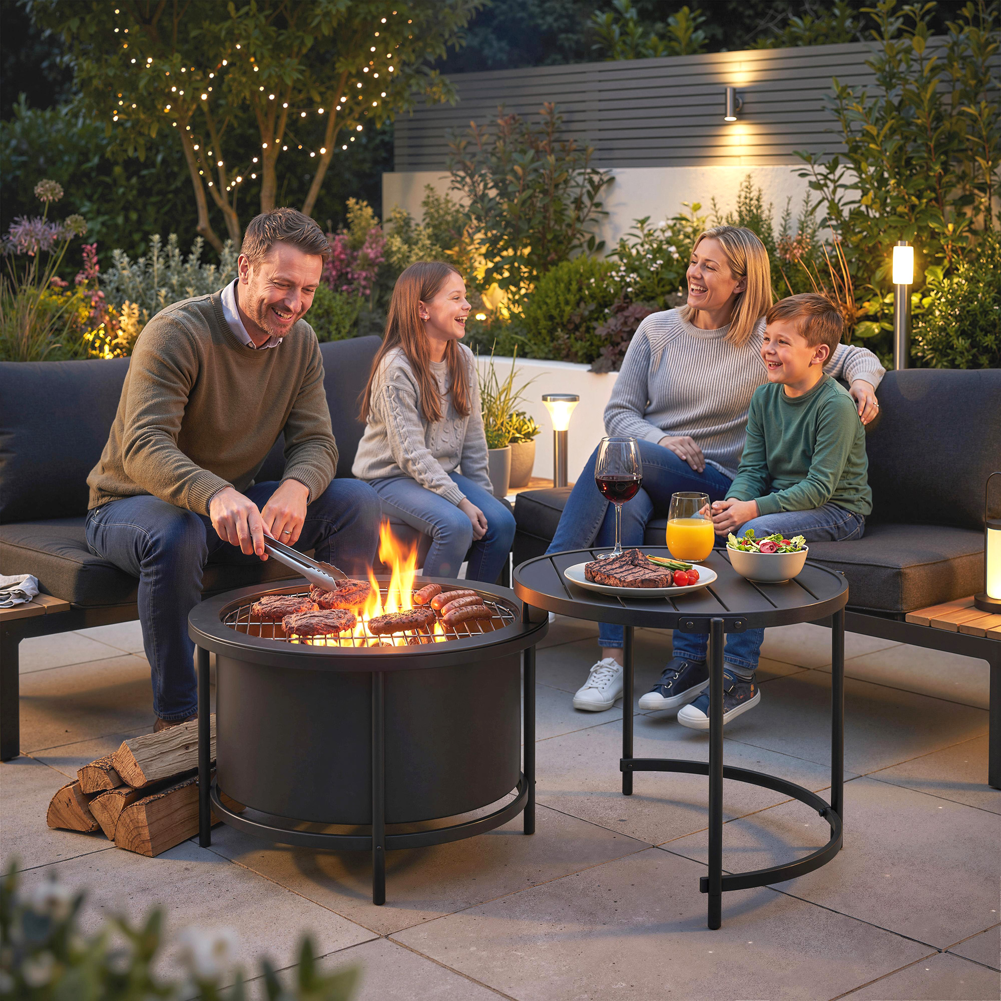 Feuerschale 66 x 63 x 41 cm Rund Feuerstelle mit Grillrost Schürhaken Deckel Ständer Schwarz