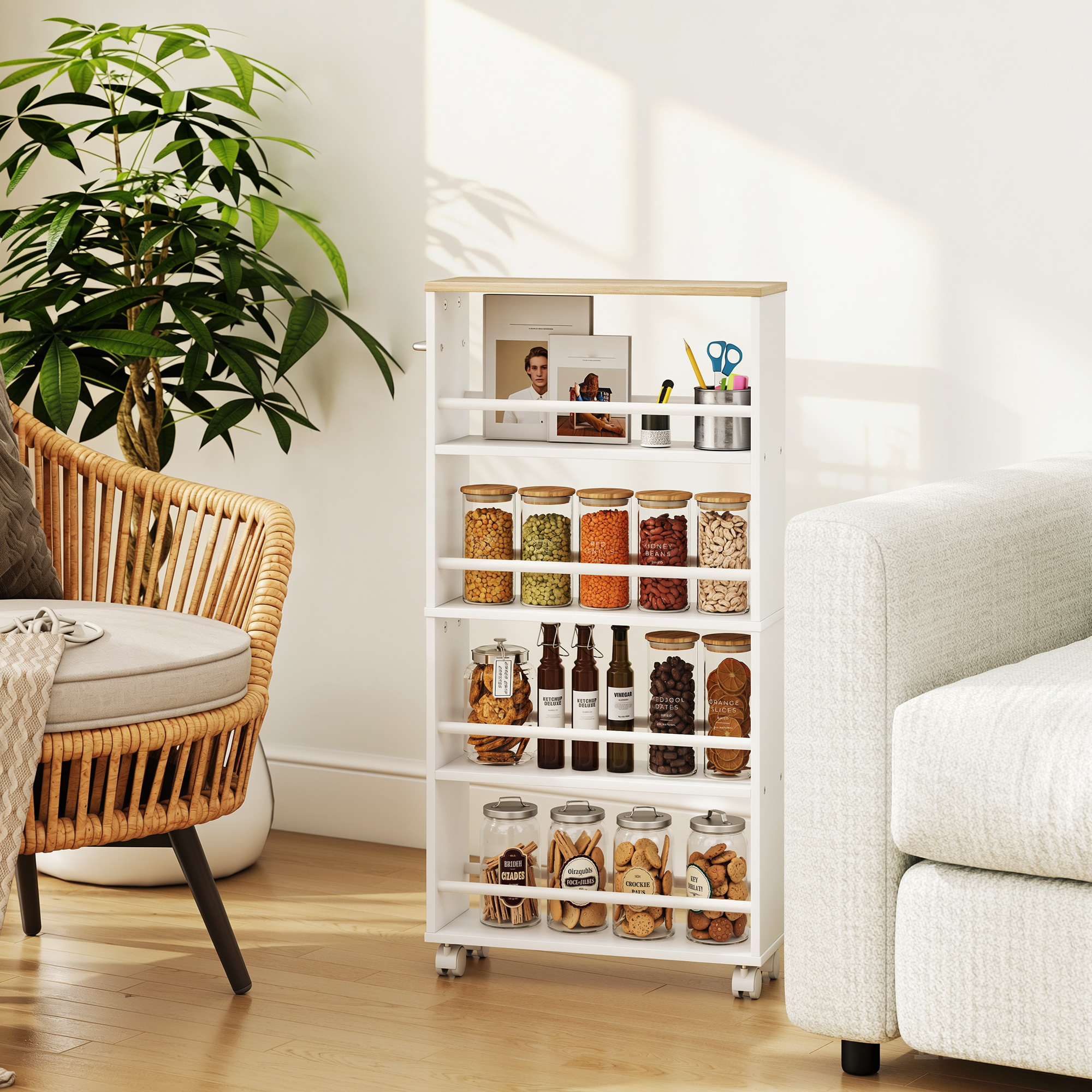 Multifunktionsregal mit Rollen, schmale Bauweise, 4 Fächer, 45x15x91 cm, Natur