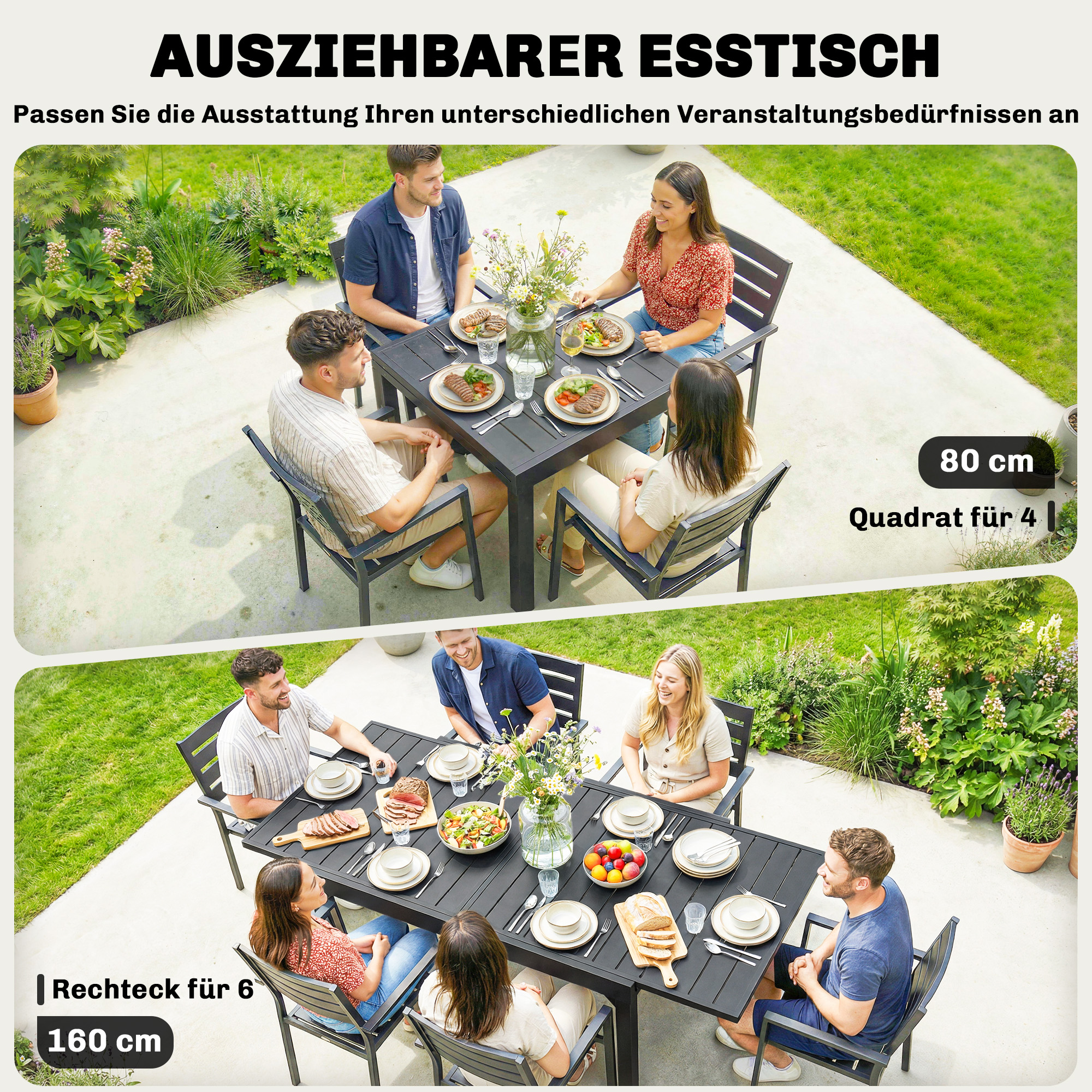 Gartentisch Ausziehbarer 80/160 x 80 cm Aluminium Esstisch für 4-6 Personen, Rechteckig mit Lamellenplatte