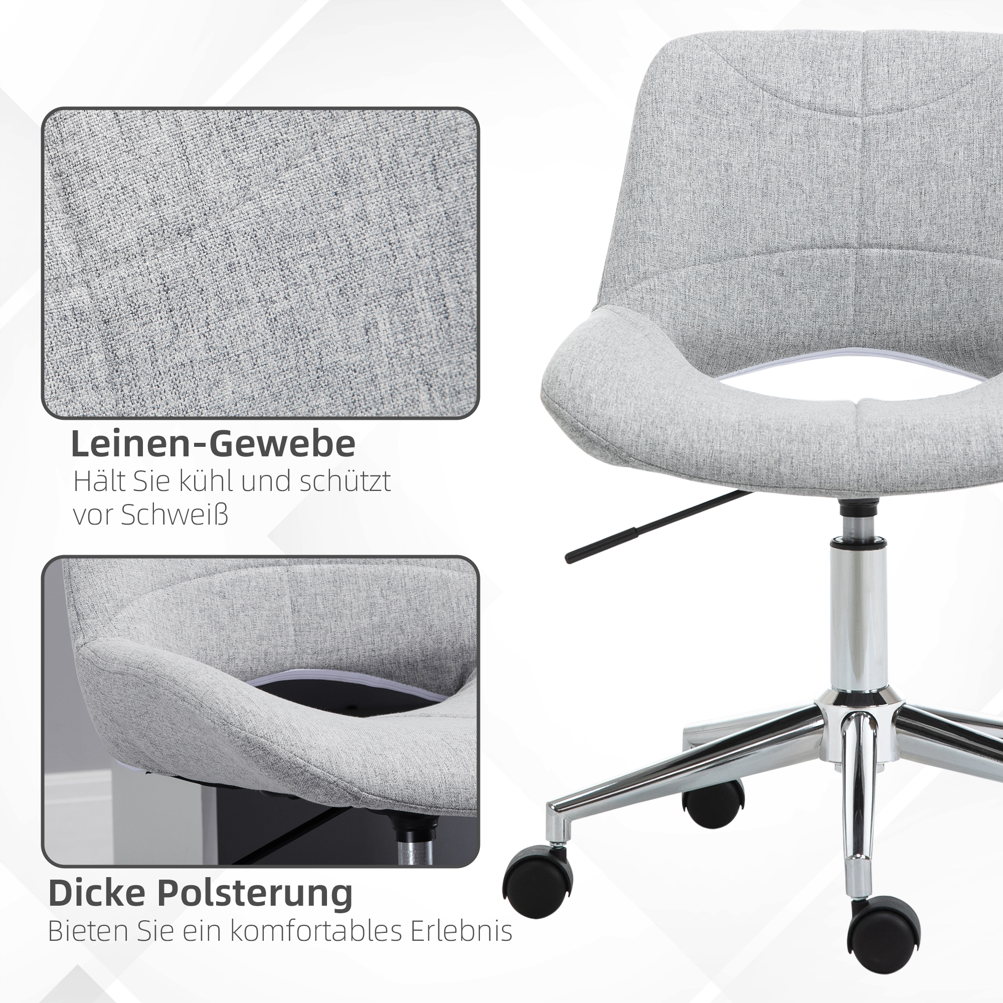 Bürostuhl, höhenverstellbar, um 360° drehbar, bis 110 kg, Metallrahmen, hellgrau, 49 x 56,5 x 73-82,5 cm