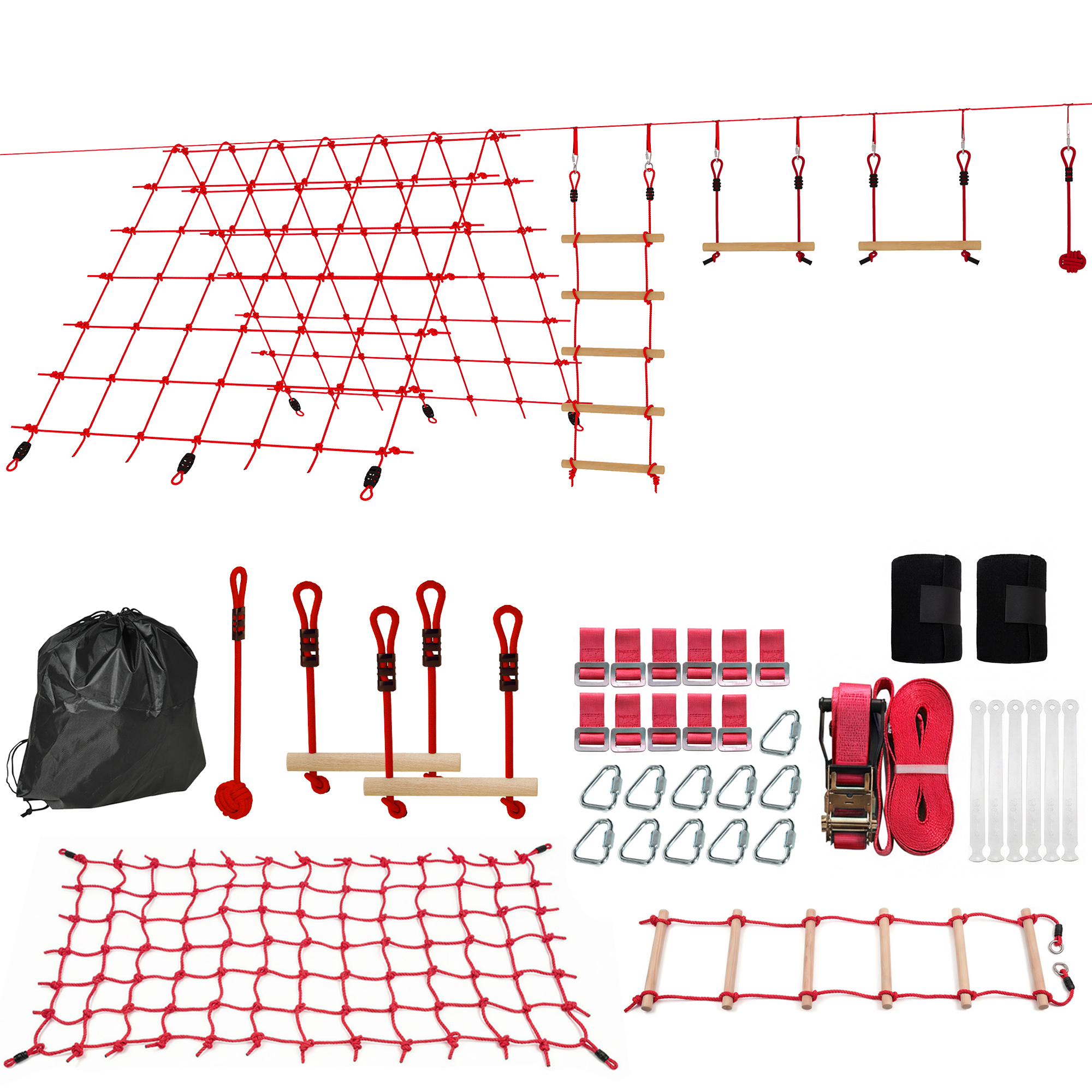 Ninja Line Kinder 10m Slackline Set mit Turnringe Schaukel Kletterleiter Kletternetz für 3-6 Jahre 1000x300x180 cm Rot