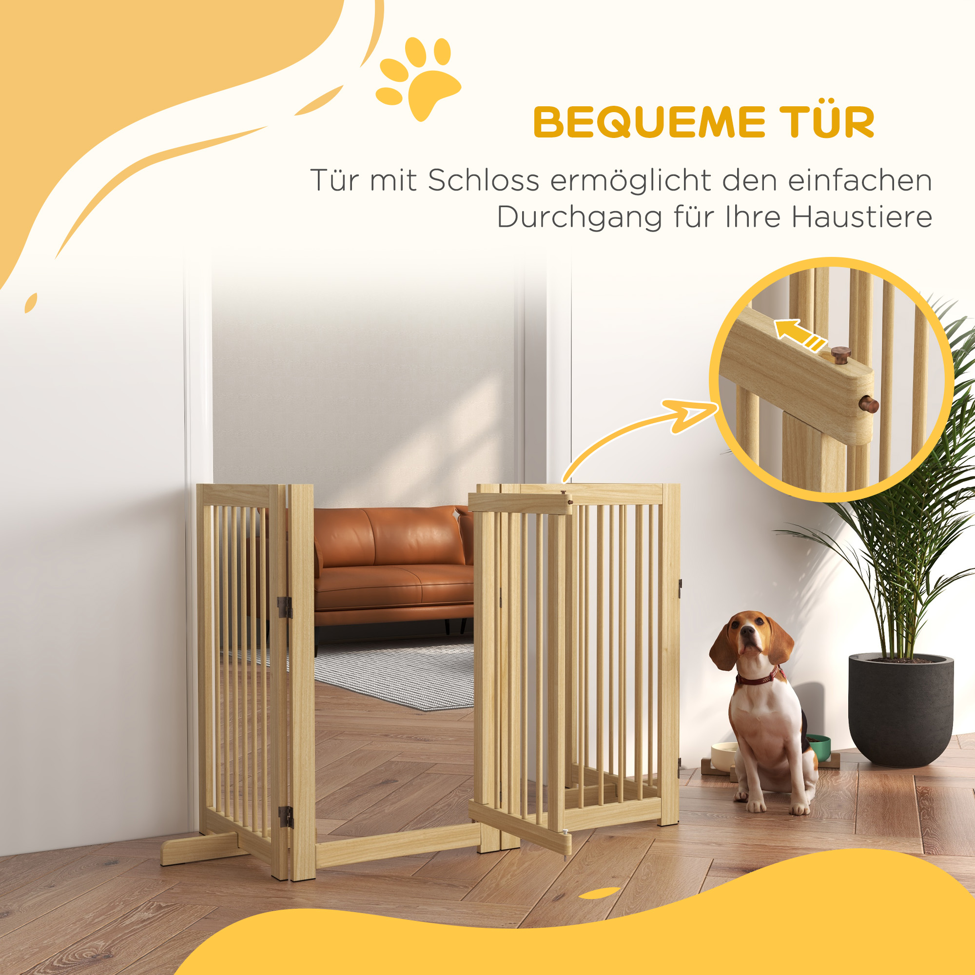 Hunde-Absperrgitter, freistehend, klappbar, Tür & Füße, Holzrahmen, 220x36x91cm