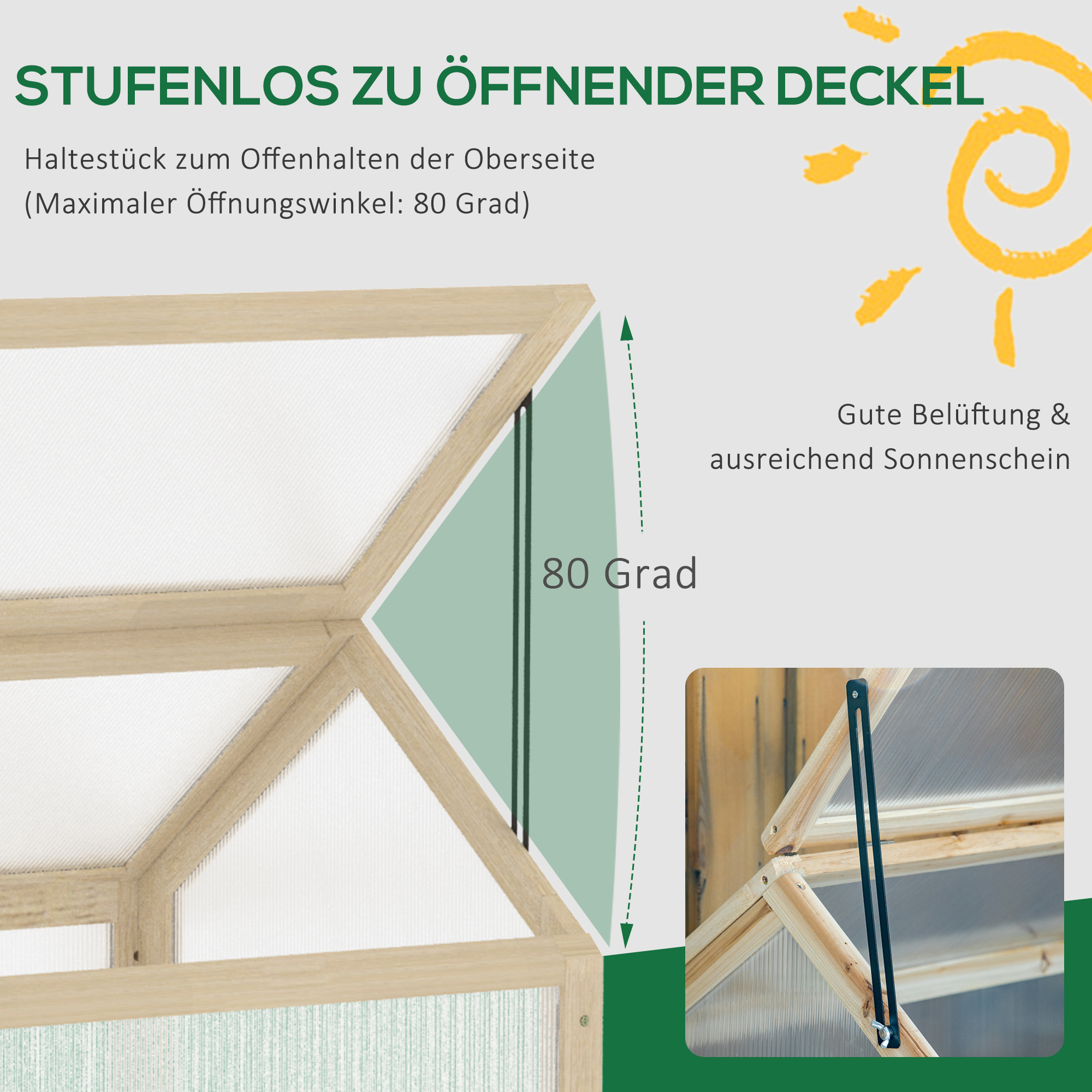 Mini-Gewächshaus, Kompaktes Pflanzenhaus aus Holz, Polycarbonat-Platten, Belüftungsöffnung, 90L x 52B x 49,5H cm, Natur