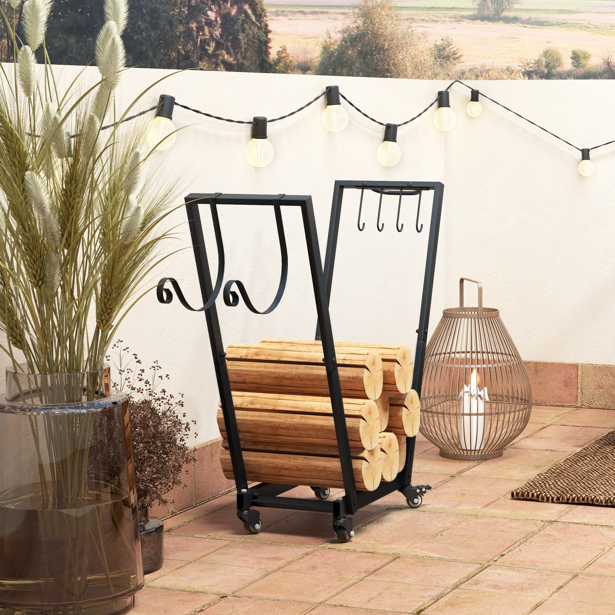 Feuerholzgestell, trapezförmiges Design, pulverbeschichteter Metall, mobil mit Rollen, 79 x 30 x 81 cm, Schwarz