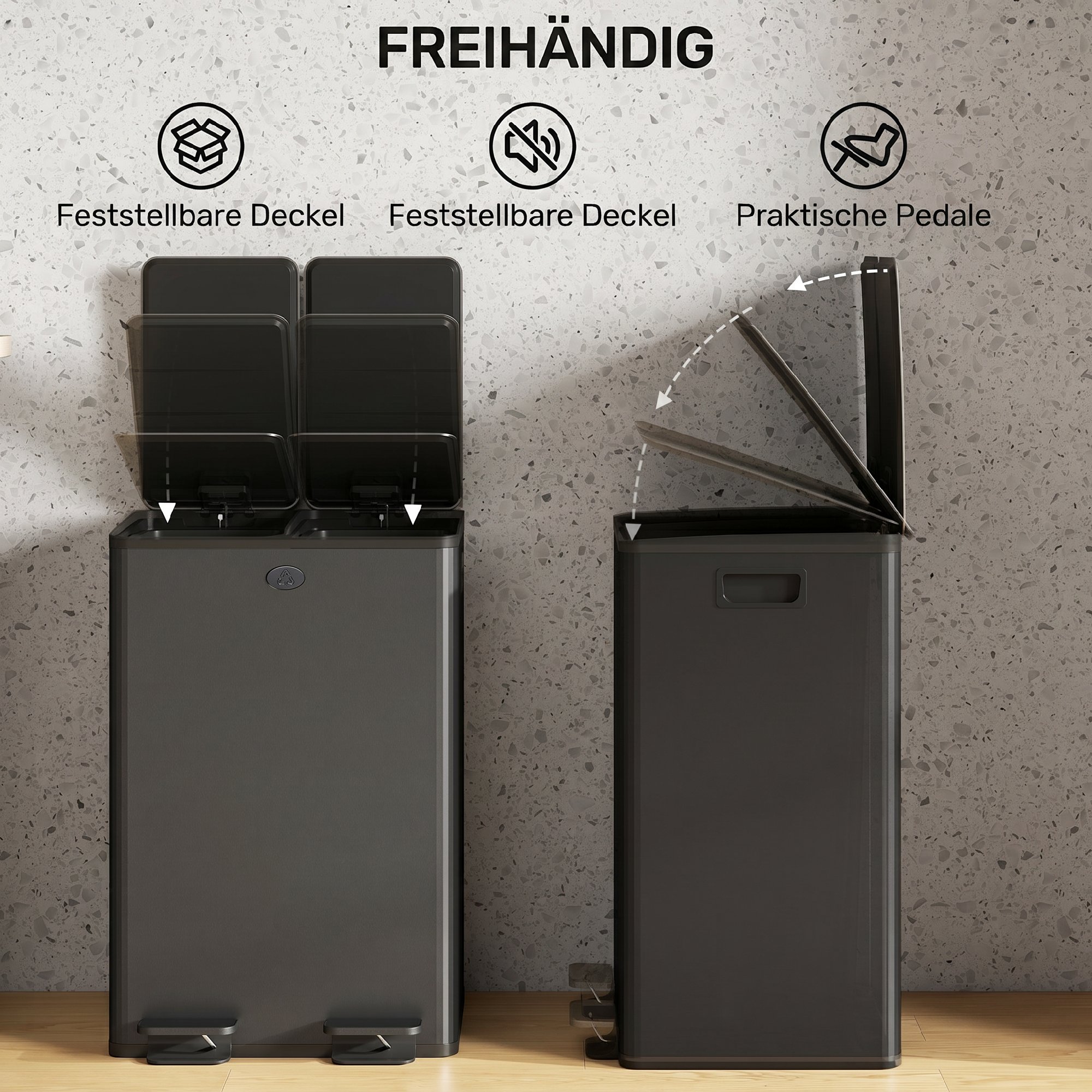 2 x 28 L Doppelmülleimer, Pedalöffnung, leicht zu reinigen, Edelstahl, Kunststoff, Schwarz